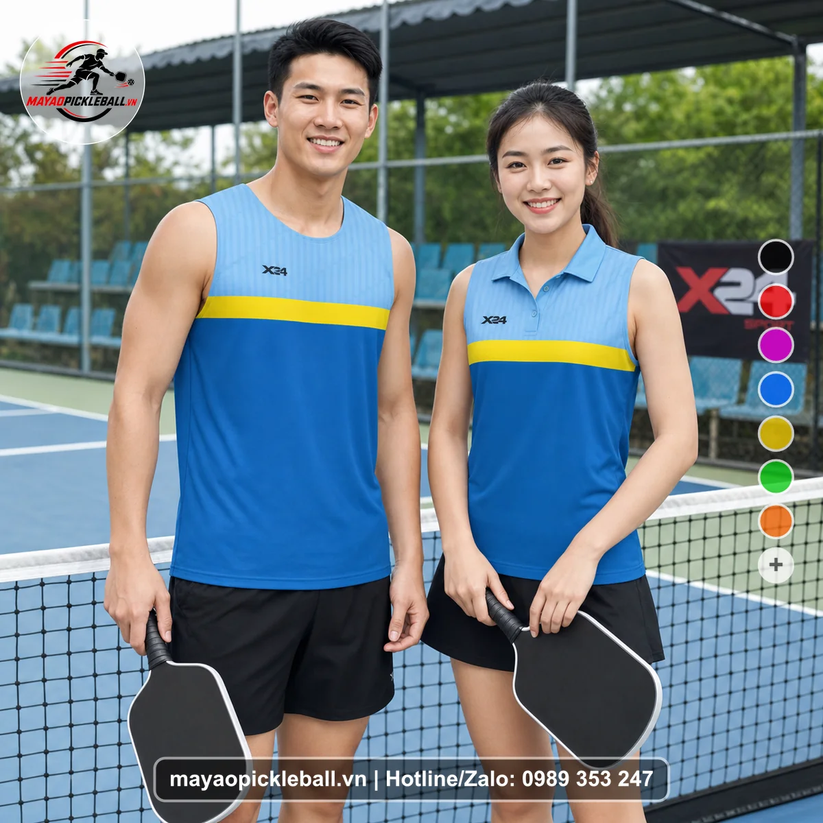 Bộ quần áo pickleball X24-PB-533 xanh bích, xanh da trời, vàng biến thể không ống tay