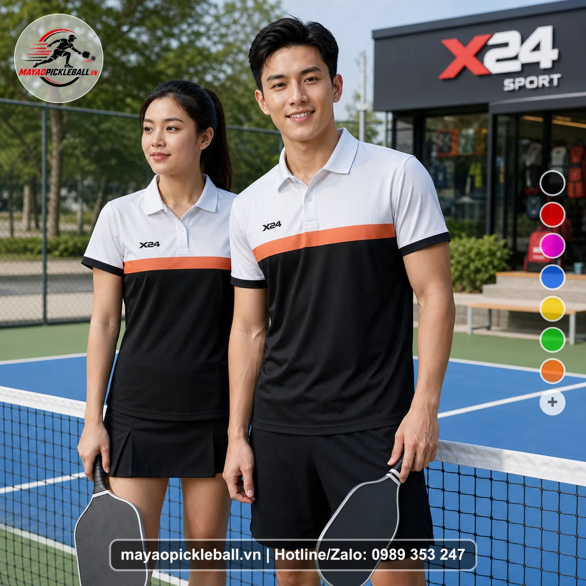 Bộ quần áo pickleball X24-PB-534 đen, trắng, cam áo có tay có cổ