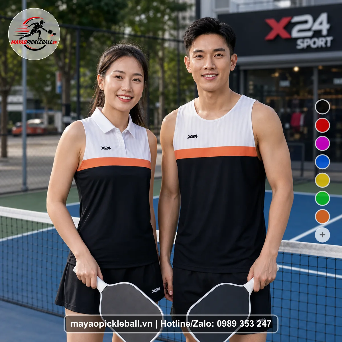 Bộ quần áo pickleball X24-PB-534 đen, trắng, cam biến thể không ống tay