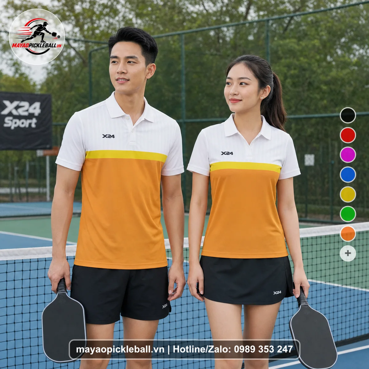 Bộ quần áo pickleball X24-PB-535 cam, trắng, vàng áo có tay có cổ