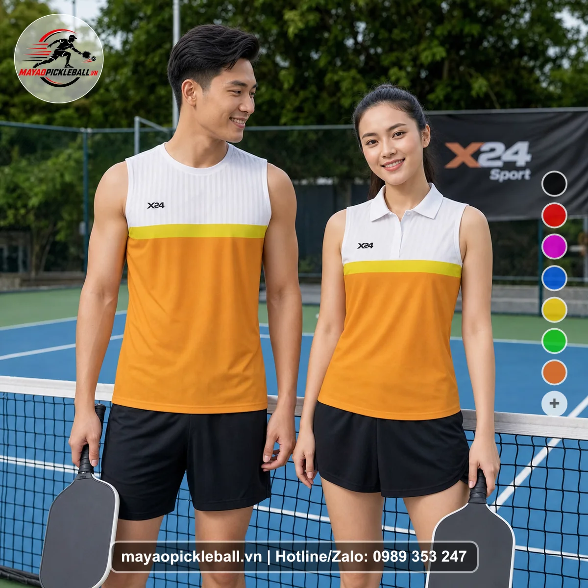 Bộ quần áo pickleball X24-PB-535 cam, trắng, vàng biến thể không ống tay