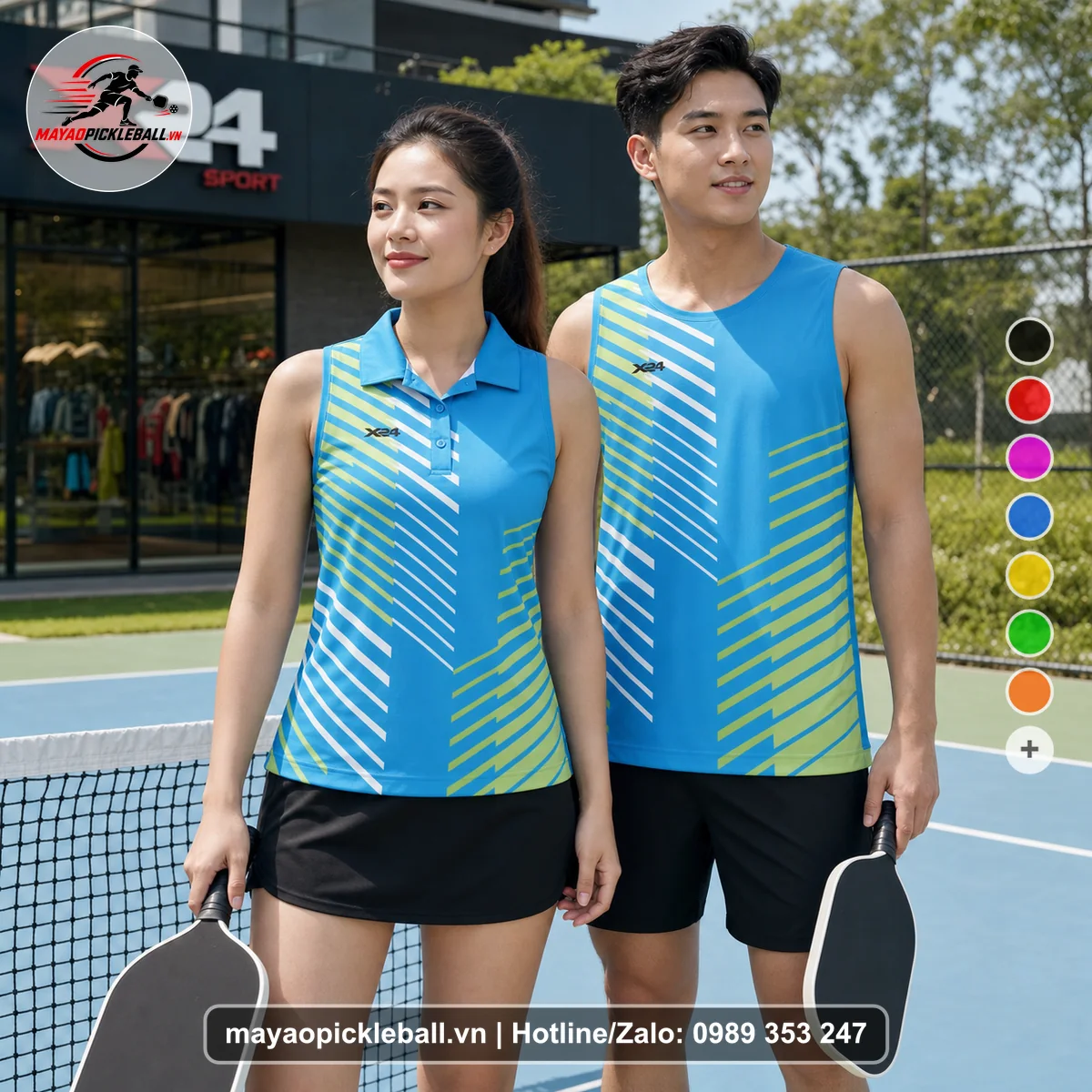 Bộ quần áo pickleball X24-PB-536 xanh ya, trắng, xanh lá nhạt biến thể không ống tay