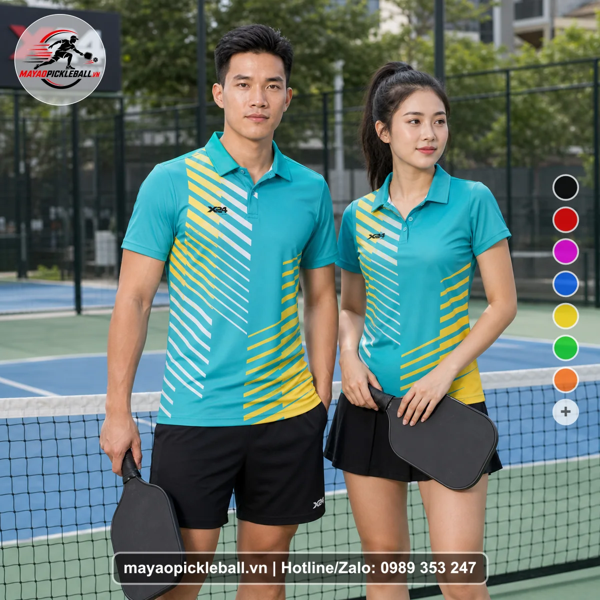 Bộ quần áo pickleball X24-PB-537 xanh ngọc, vàng, trắng áo có tay có cổ