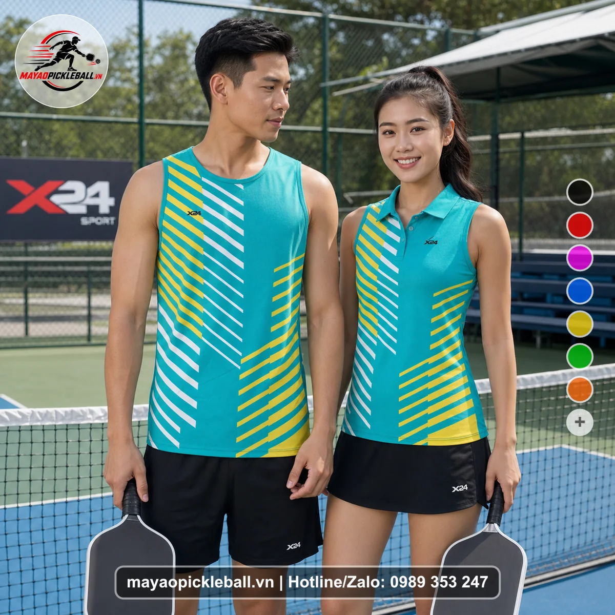 Bộ quần áo pickleball X24-PB-537 xanh ngọc, vàng, trắng biến thể không ống tay