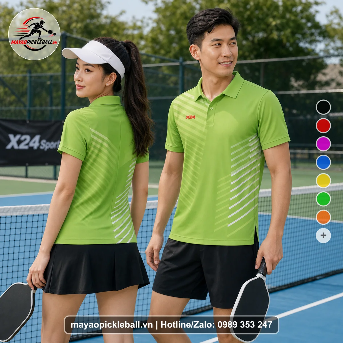 Bộ quần áo pickleball X24-PB-538 xanh chuối, trắng, xanh lá nhạt áo có tay có cổ