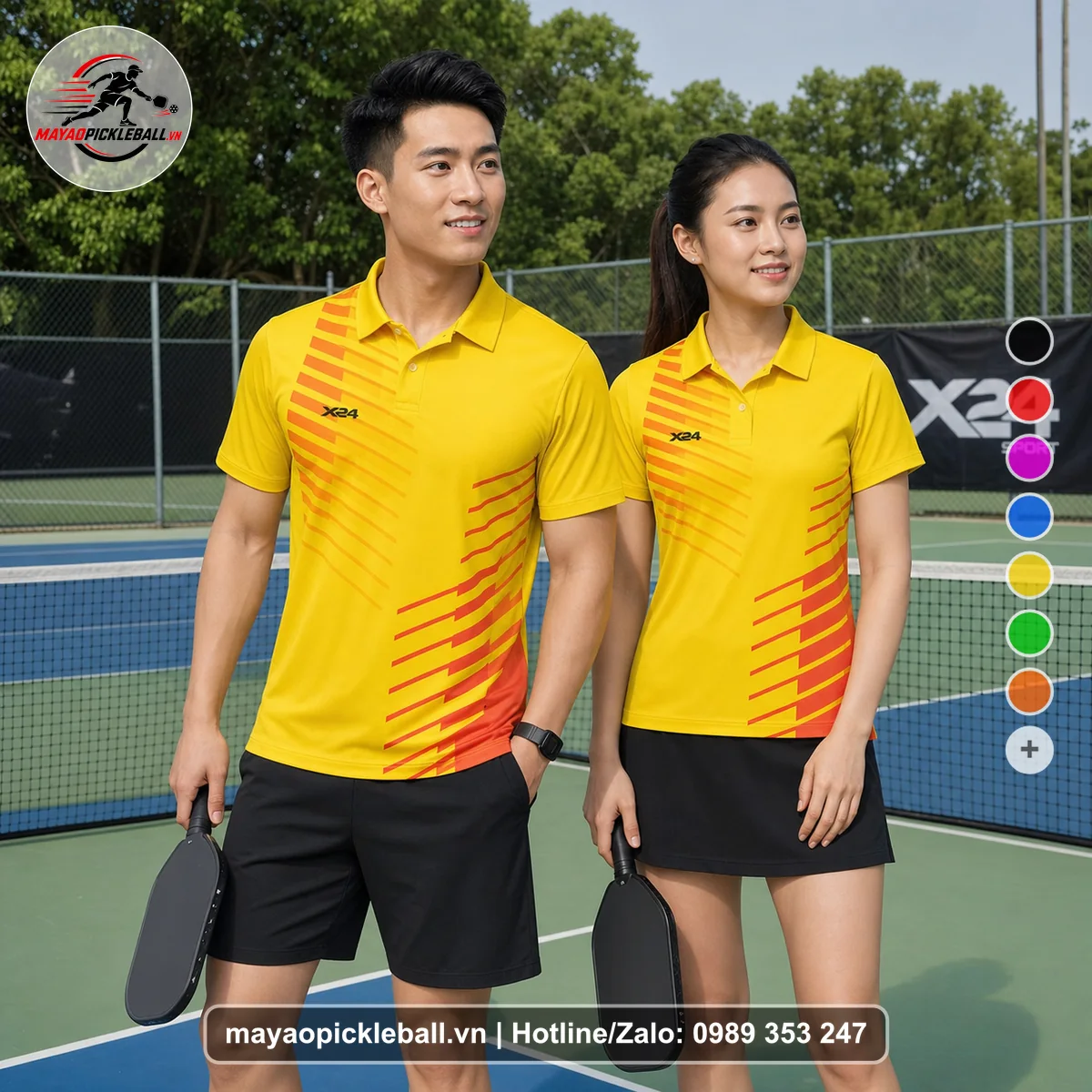 Bộ quần áo pickleball X24-PB-539 vàng, cam, đỏ áo có tay có cổ