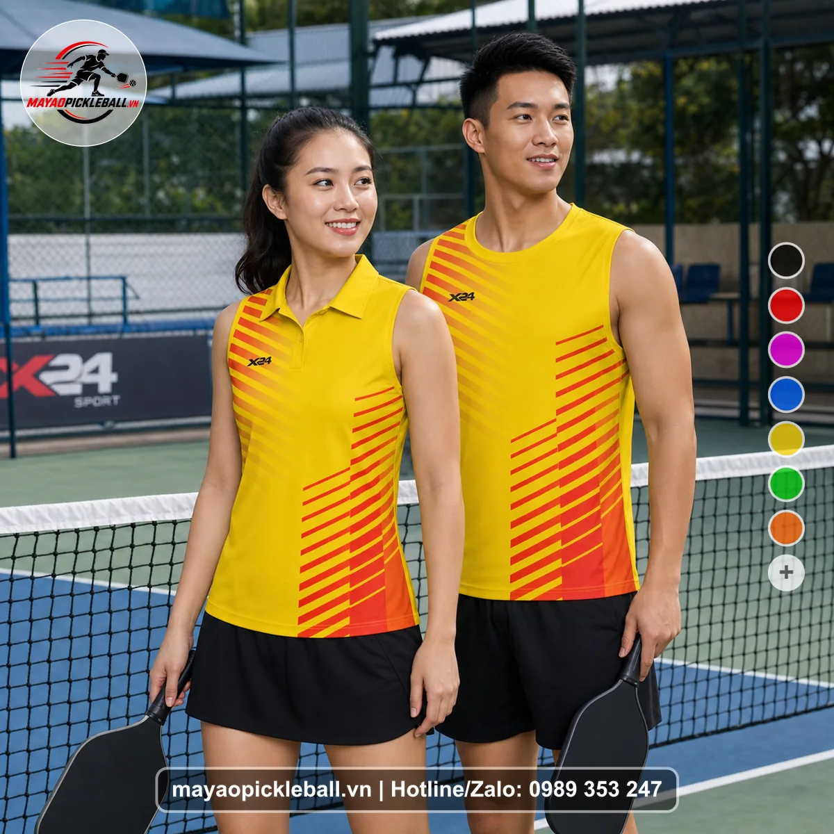 Bộ quần áo pickleball X24-PB-539 vàng, cam, đỏ biến thể không ống tay