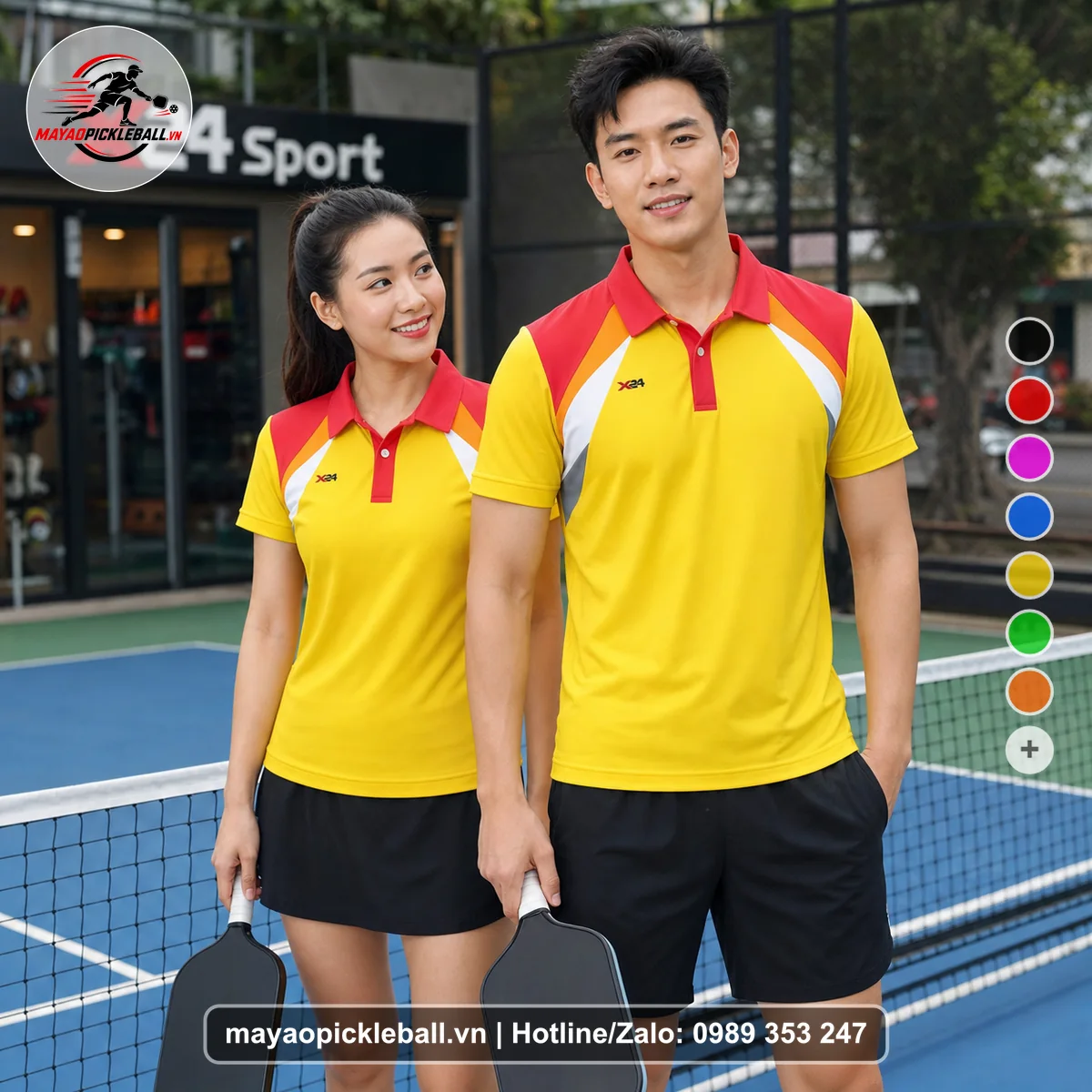 Bộ quần áo pickleball X24-PB-540 vàng, đỏ, trắng áo có tay có cổ