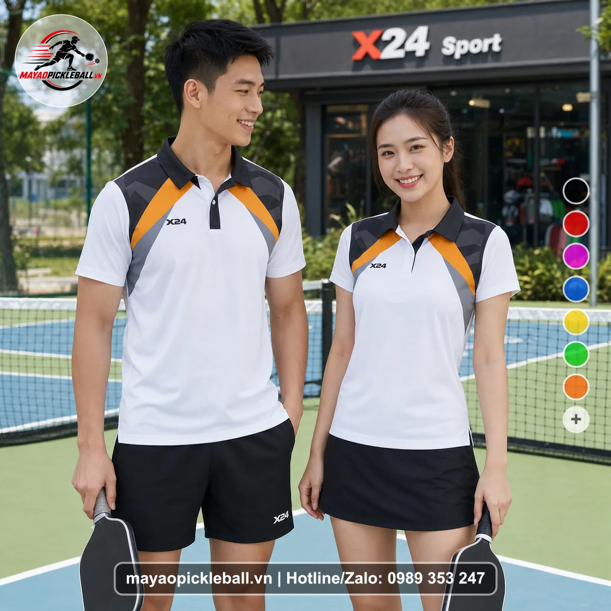 Bộ quần áo pickleball X24-PB-541 trắng, đen, xám áo có tay có cổ
