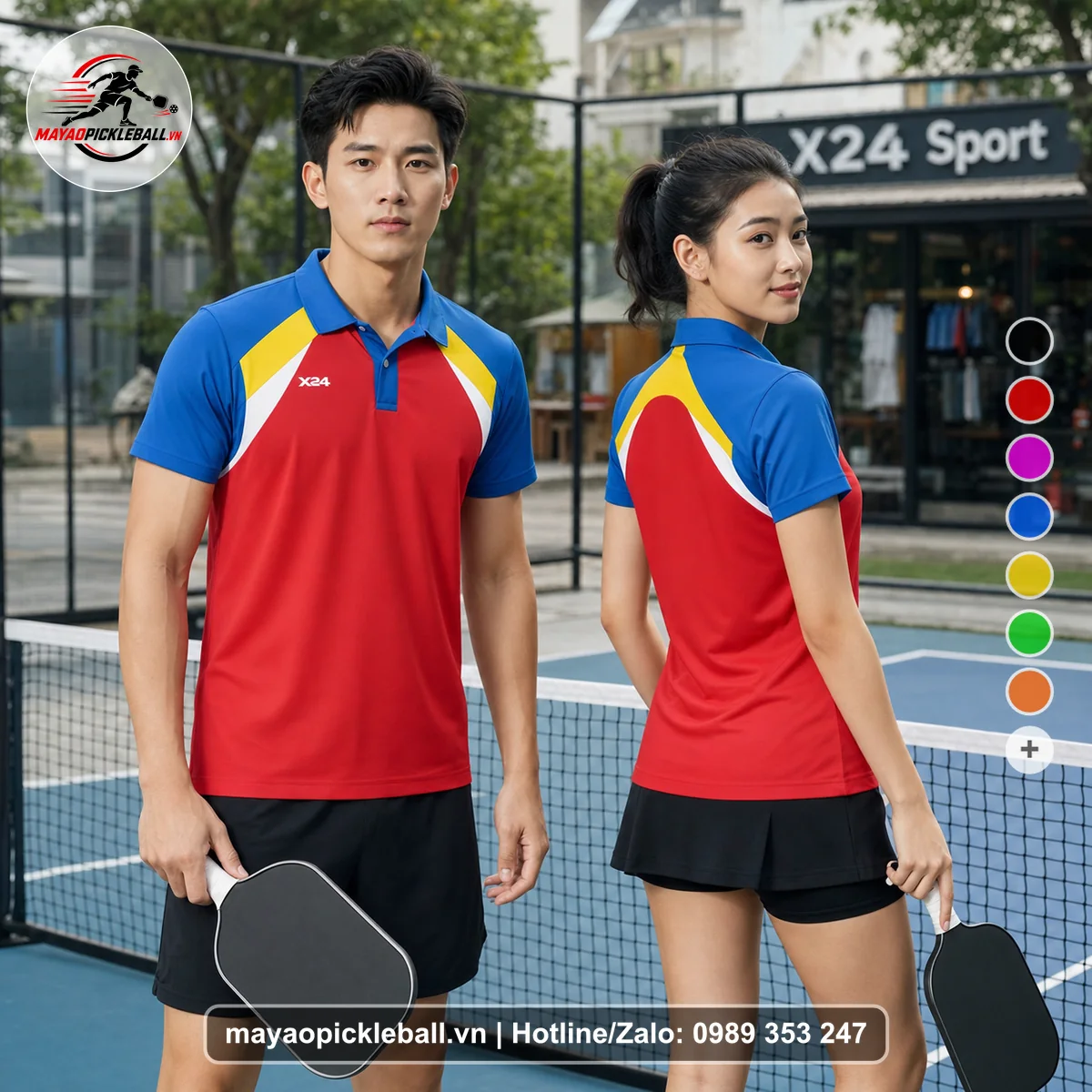 Bộ quần áo pickleball X24-PB-542 đỏ, xanh dương, vàng áo có tay có cổ