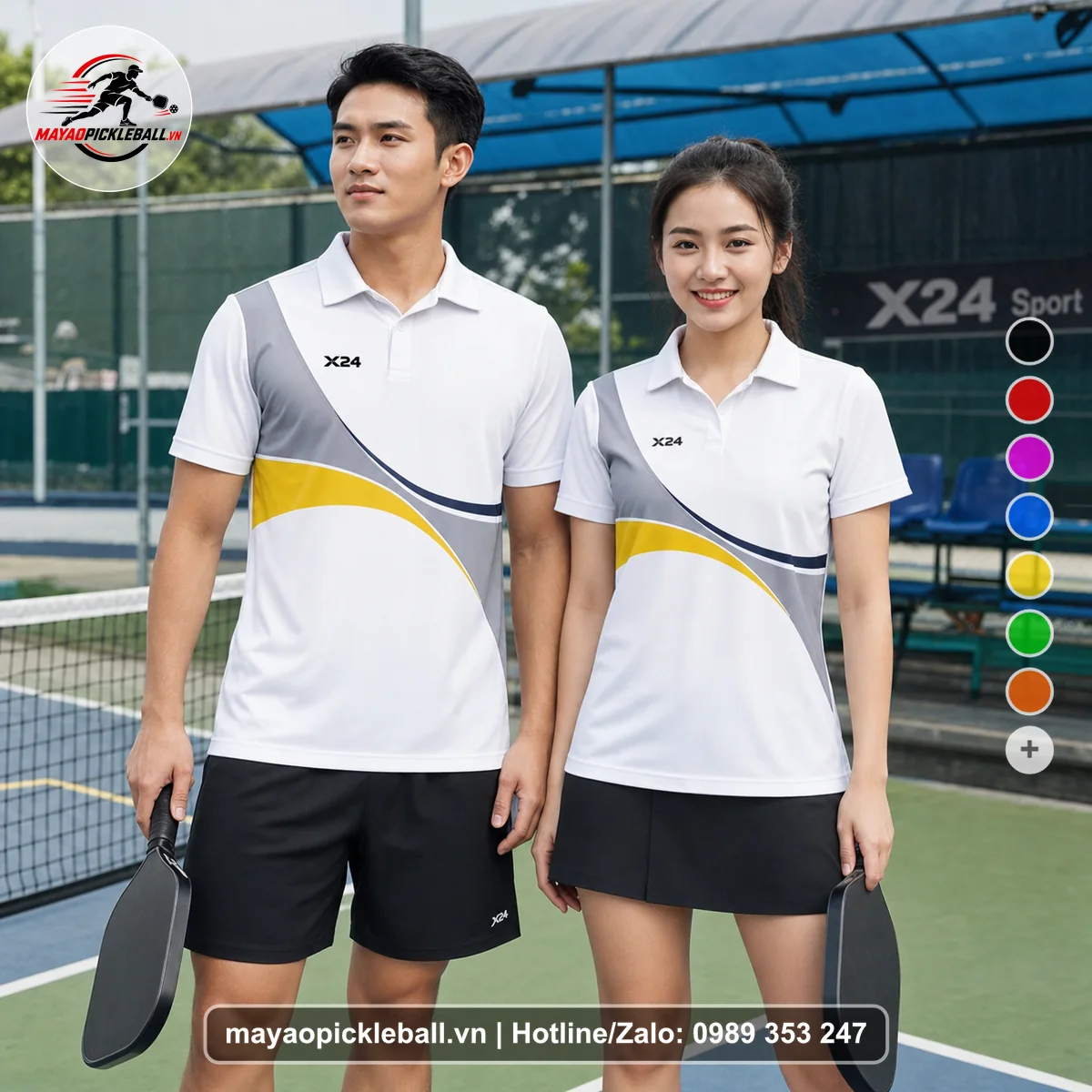 Bộ quần áo pickleball X24-PB-543 trắng, xám, vàng áo có tay có cổ