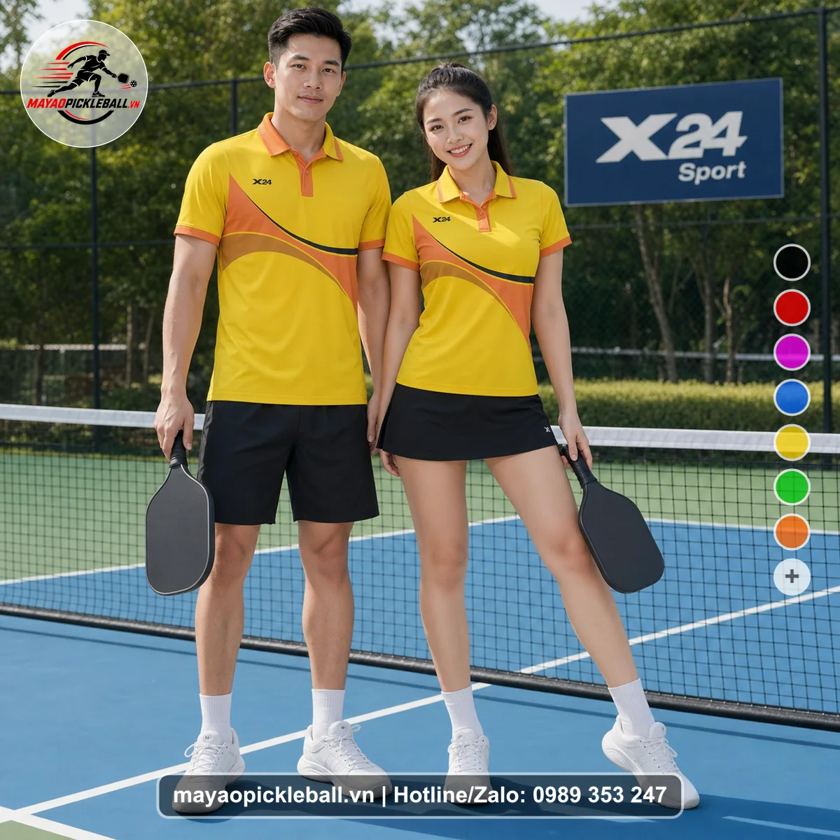 Bộ quần áo pickleball X24-PB-544 vàng, cam, xanh navy áo có tay có cổ