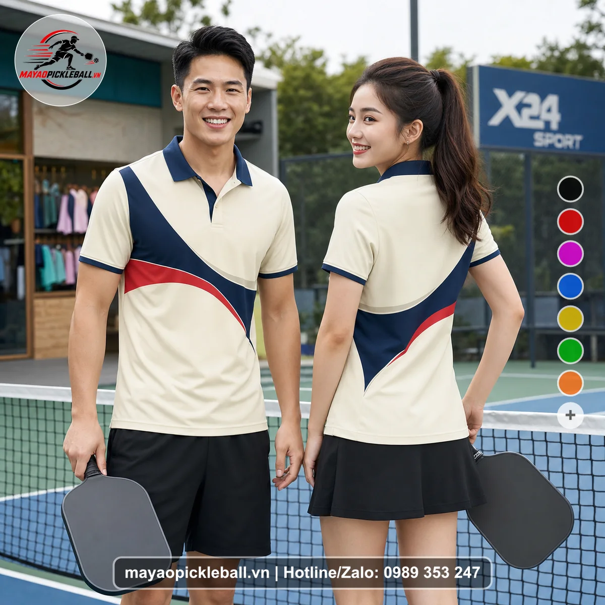 Bộ quần áo pickleball X24-PB-545 kem, xanh navy, đỏ áo có tay có cổ