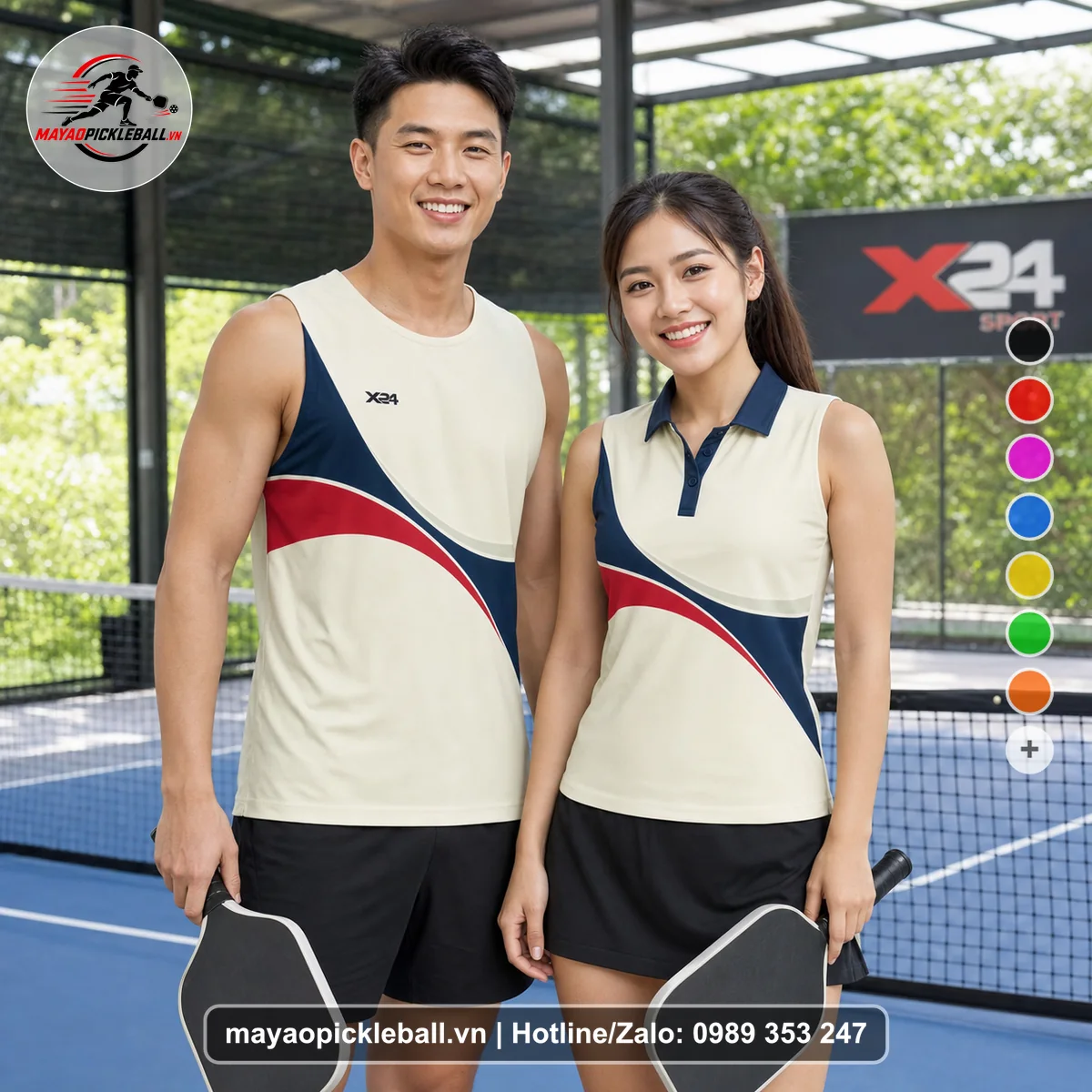 Bộ quần áo pickleball X24-PB-545 kem, xanh navy, đỏ biến thể không ống tay
