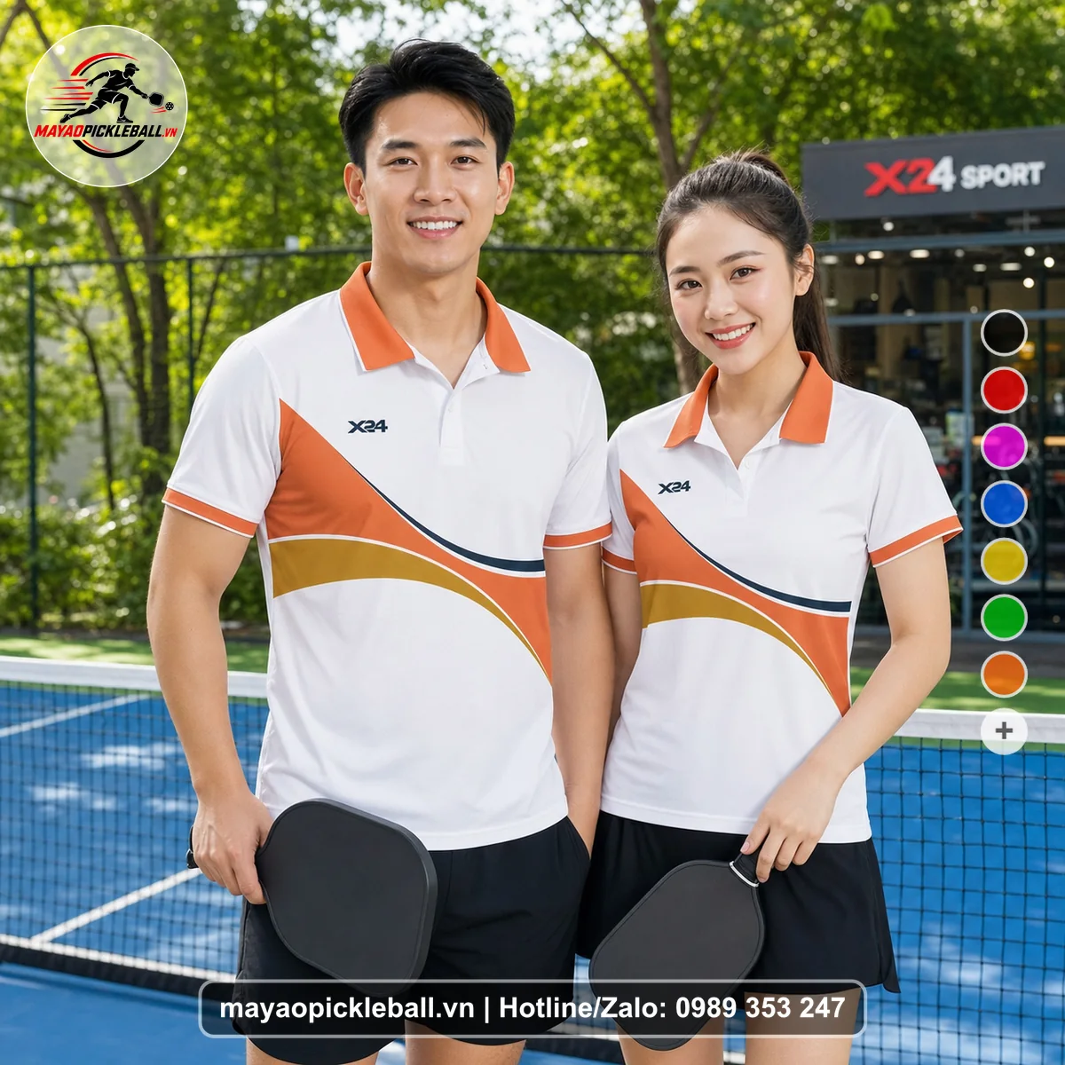 Bộ quần áo pickleball X24-PB-546 trắng, cam, vàng olive áo có tay có cổ