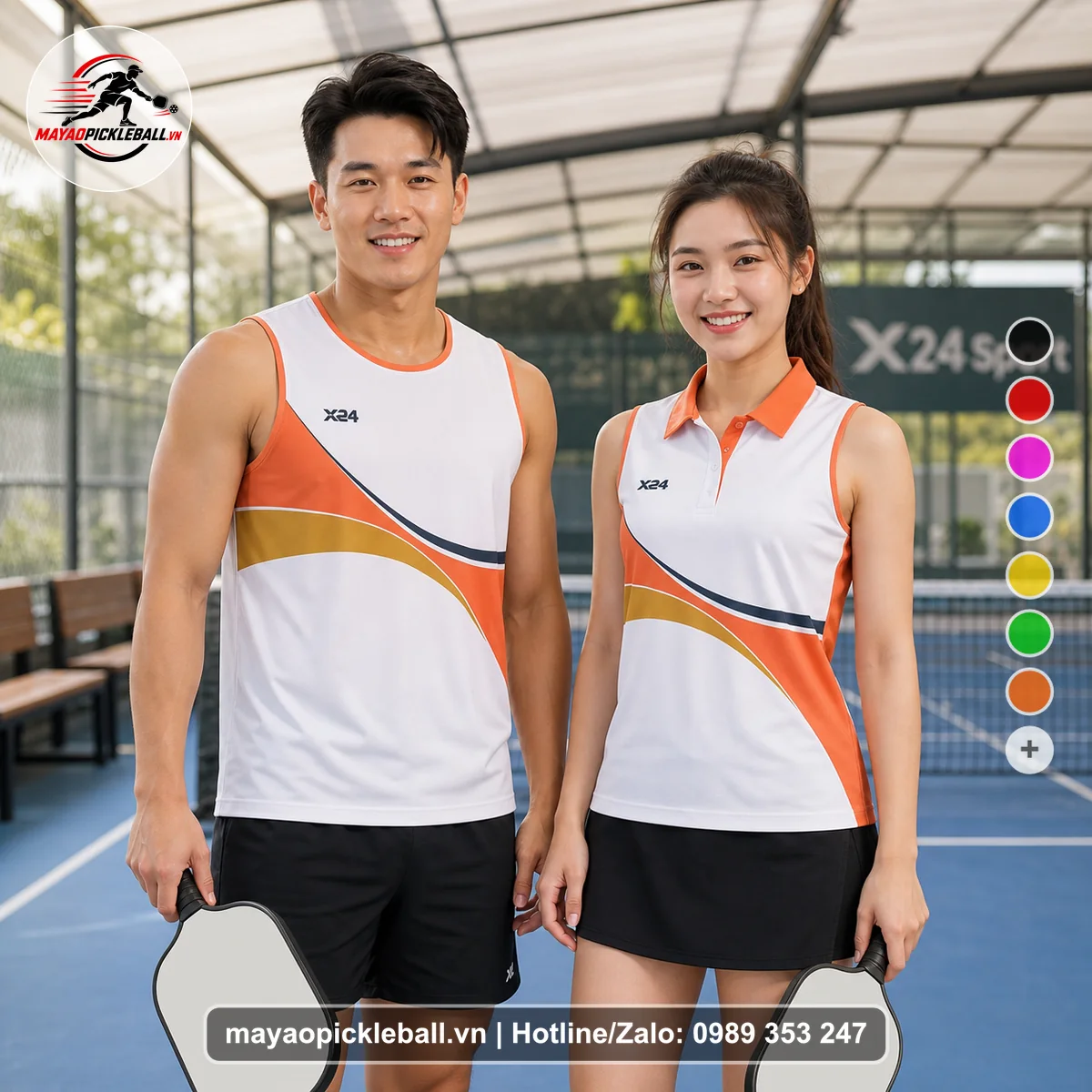 Bộ quần áo pickleball X24-PB-546 trắng, cam, vàng olive biến thể không ống tay