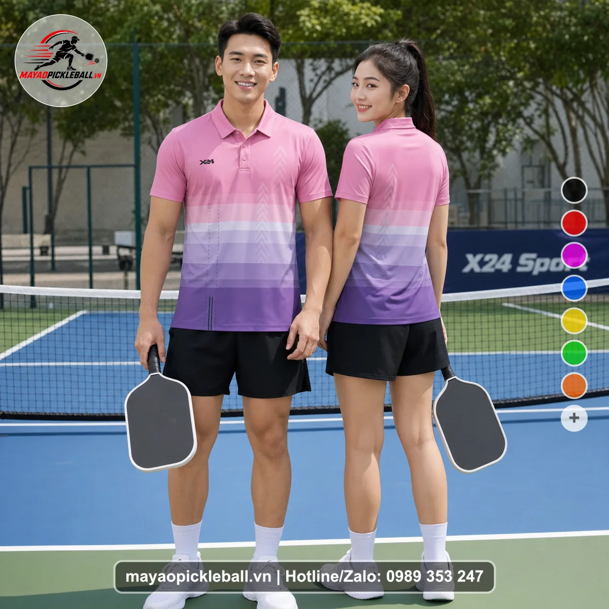 Bộ quần áo pickleball X24-PB-547 hồng, tím nhạt, tím áo có tay có cổ