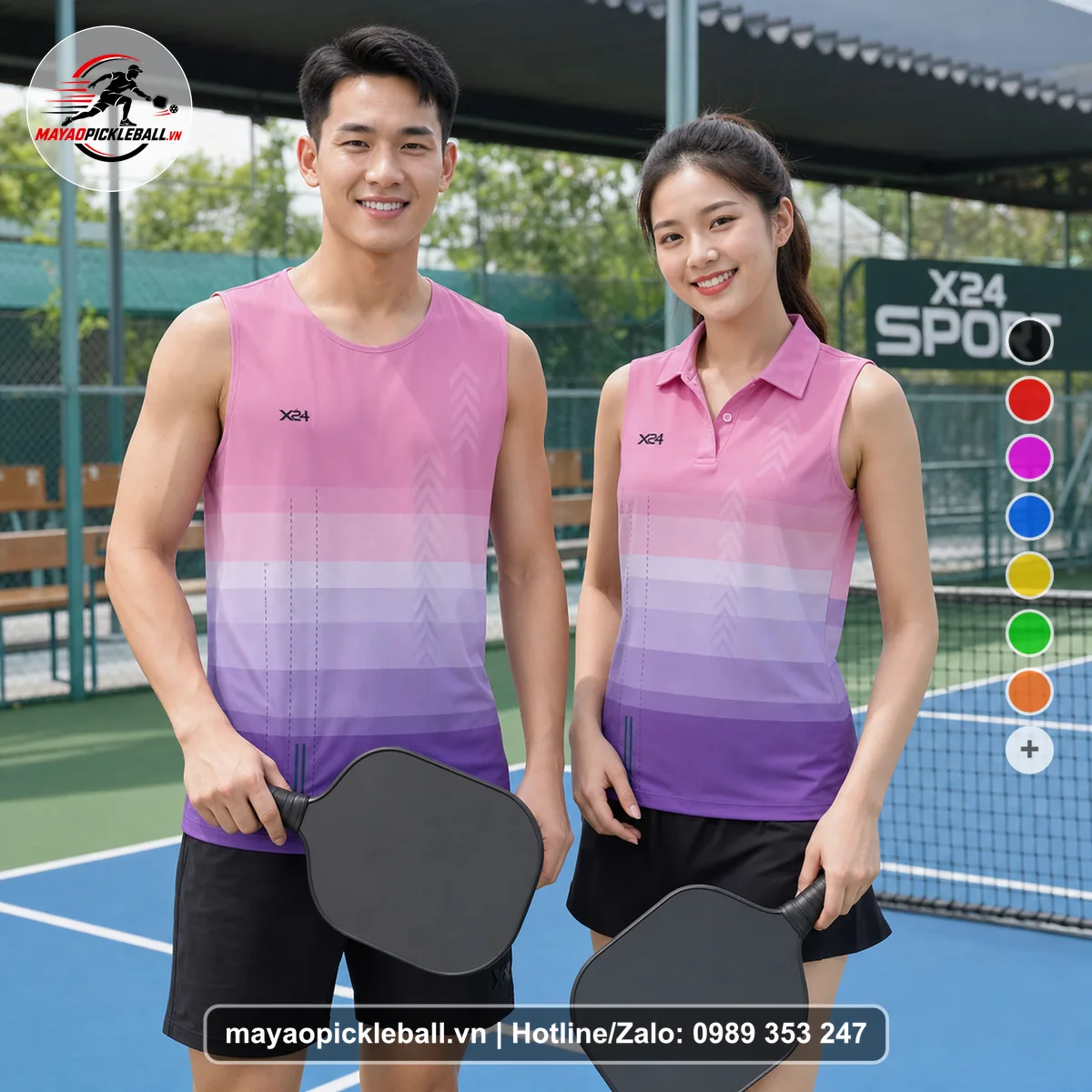 Bộ quần áo pickleball X24-PB-547 hồng, tím nhạt, tím biến thể không ống tay