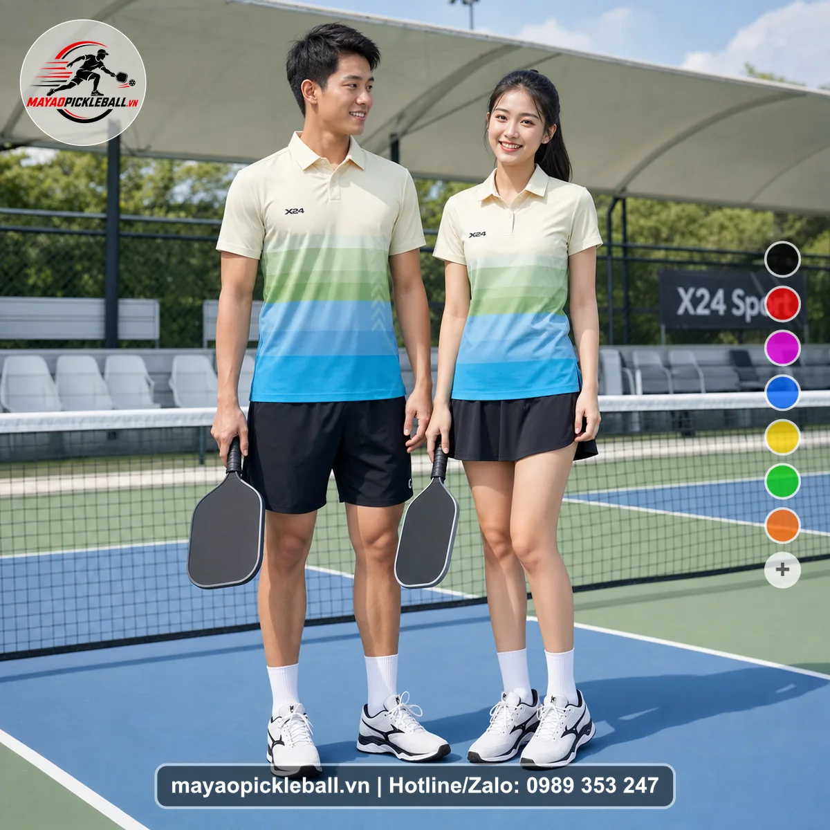 Bộ quần áo pickleball X24-PB-548 kem, xanh lá, xanh cyan áo có tay có cổ