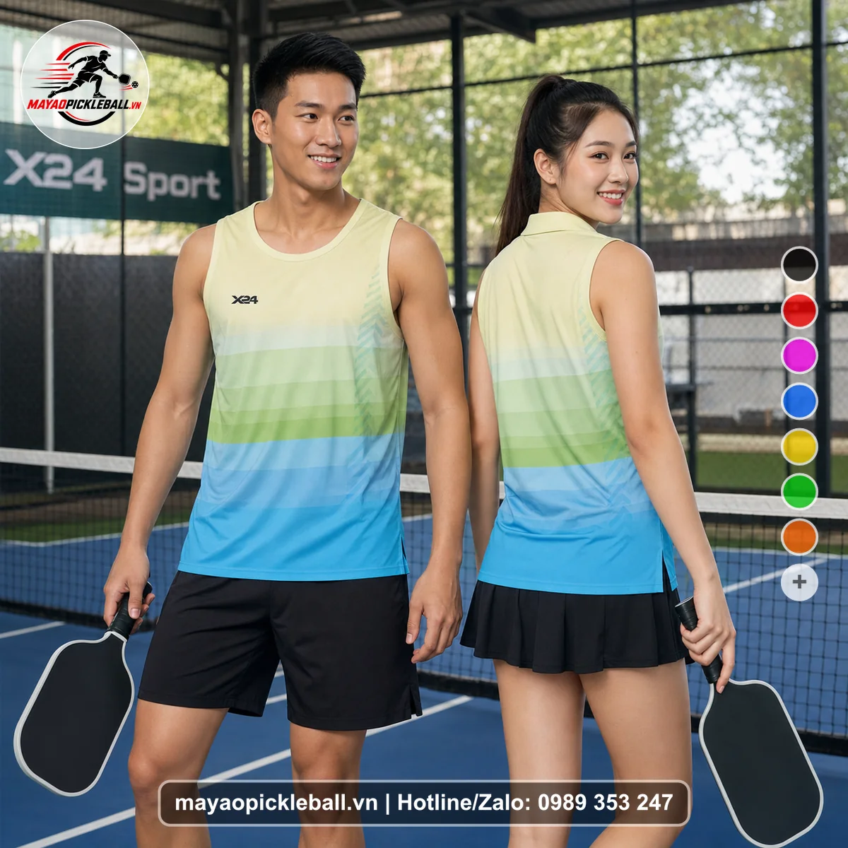 Bộ quần áo pickleball X24-PB-548 kem, xanh lá, xanh cyan biến thể không ống tay