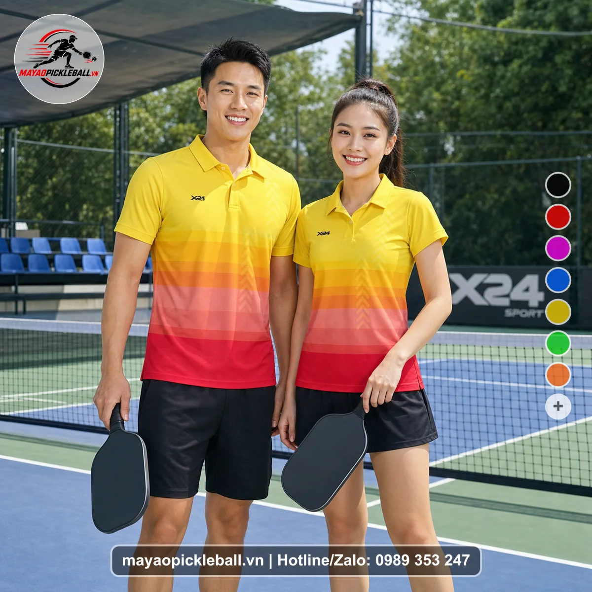Bộ quần áo pickleball X24-PB-549 vàng, cam, đỏ áo có tay có cổ