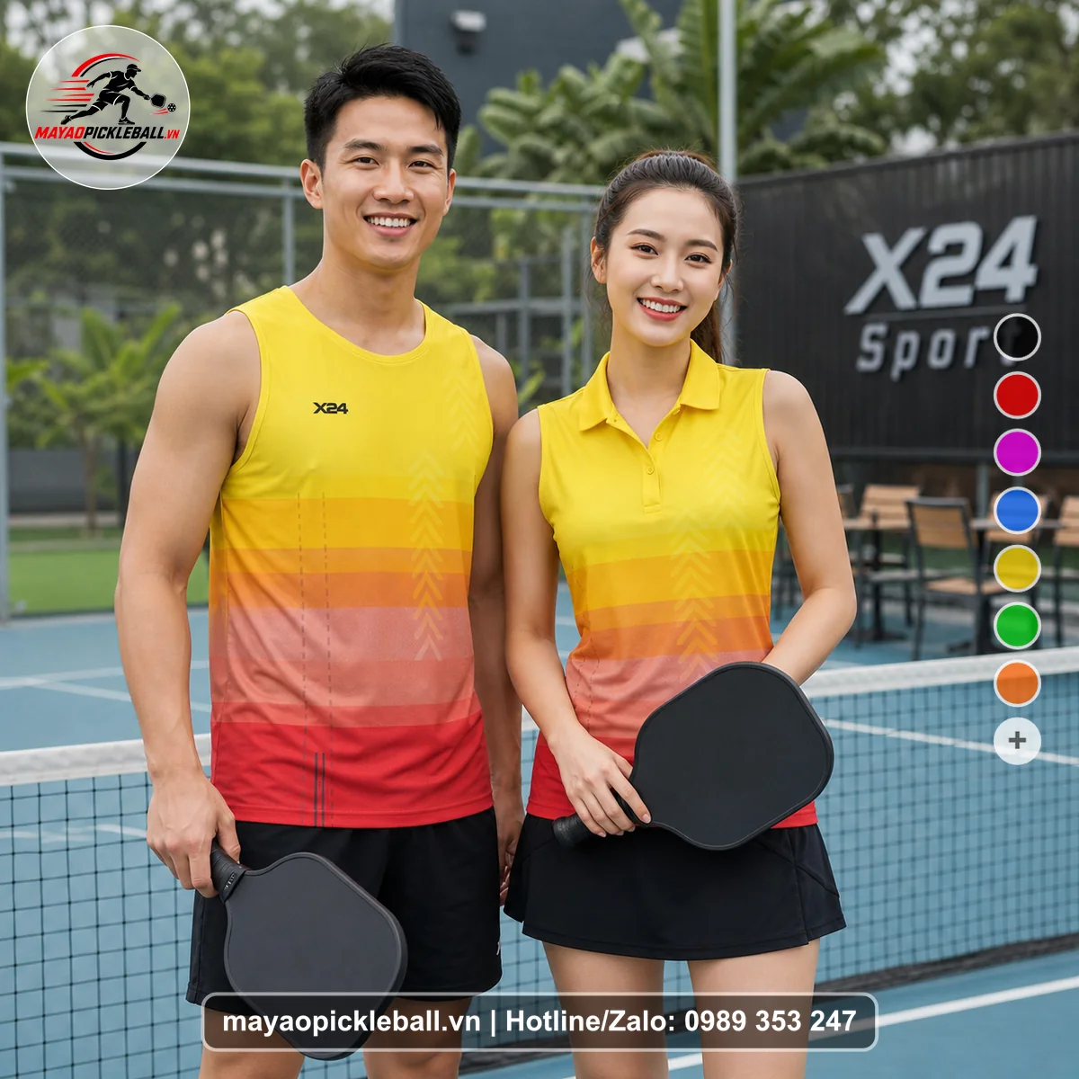 Bộ quần áo pickleball X24-PB-549 vàng, cam, đỏ biến thể không ống tay