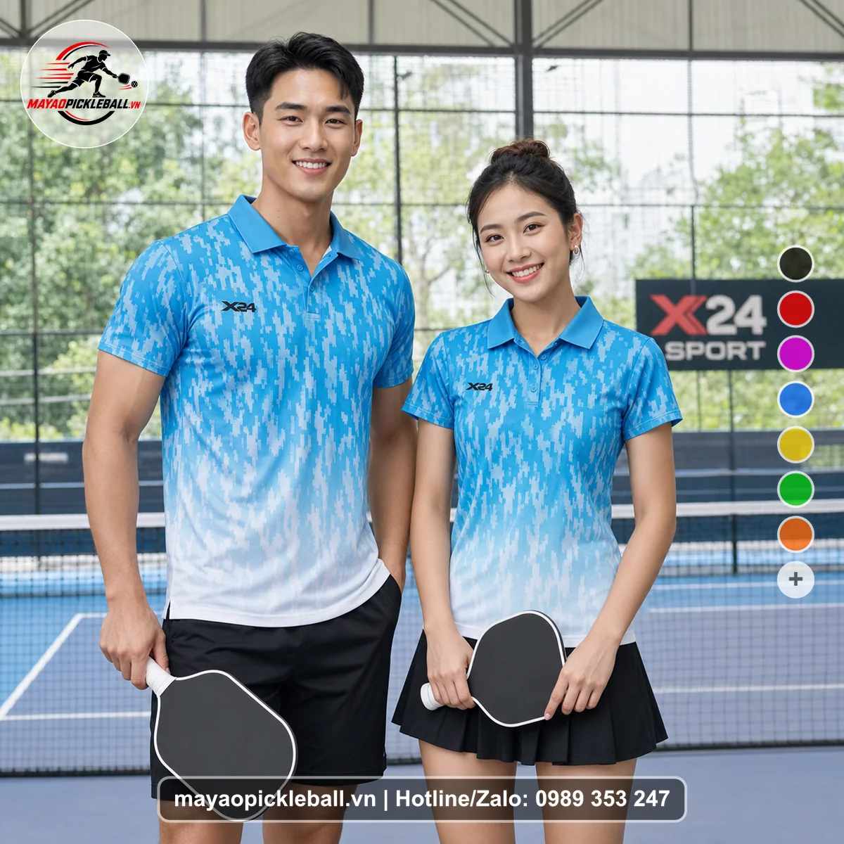 Bộ quần áo pickleball X24-PB-550 xanh ya, xanh ngọc, trắng áo có tay có cổ