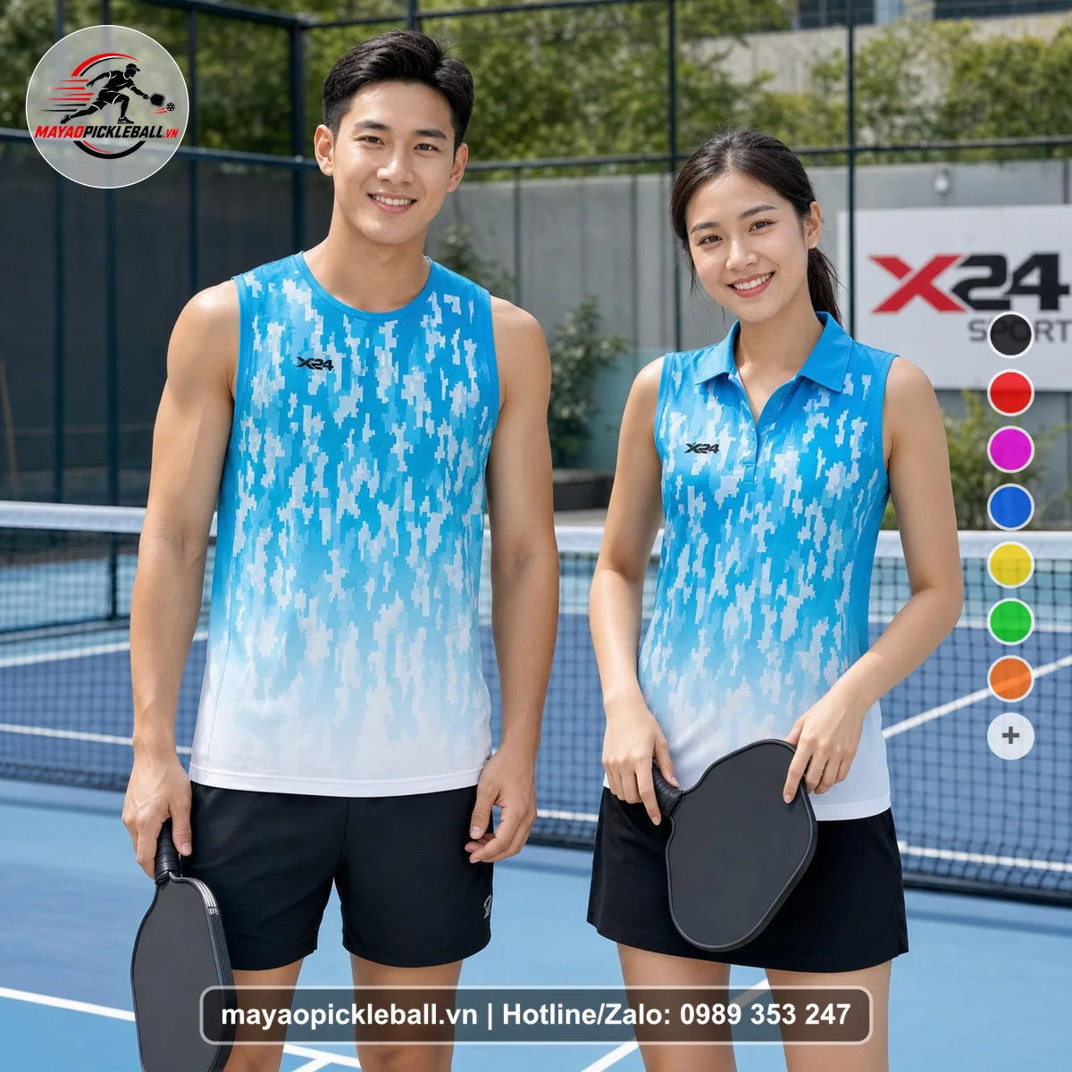 Bộ quần áo pickleball X24-PB-550 xanh ya, xanh ngọc, trắng biến thể không ống tay