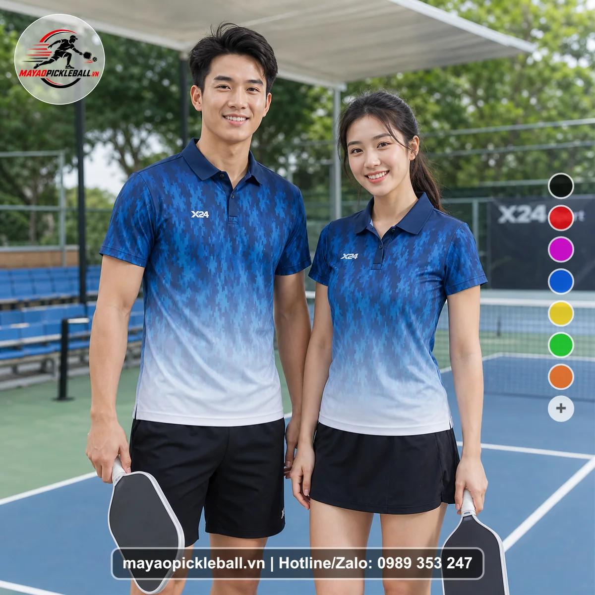 Bộ quần áo pickleball X24-PB-551 tím than, xanh dương, trắng áo có tay có cổ