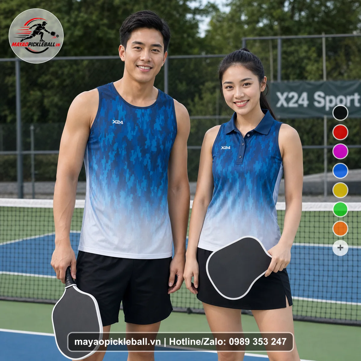 Bộ quần áo pickleball X24-PB-551 tím than, xanh dương, trắng biến thể không ống tay