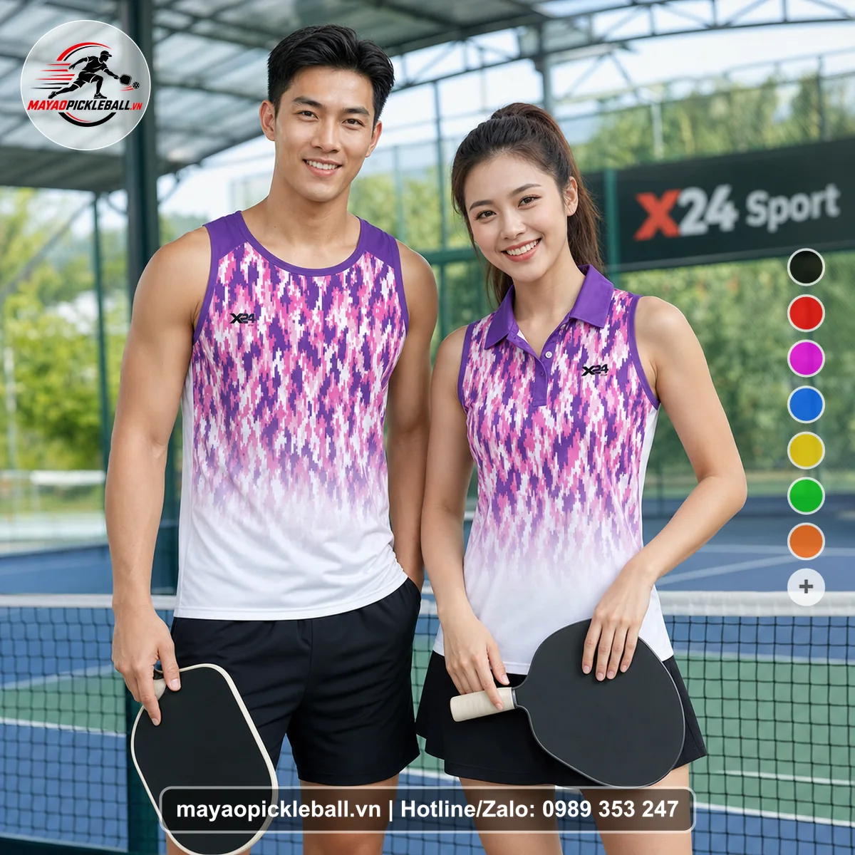 Bộ quần áo pickleball X24-PB-552 tím, hồng, trắng biến thể không ống tay