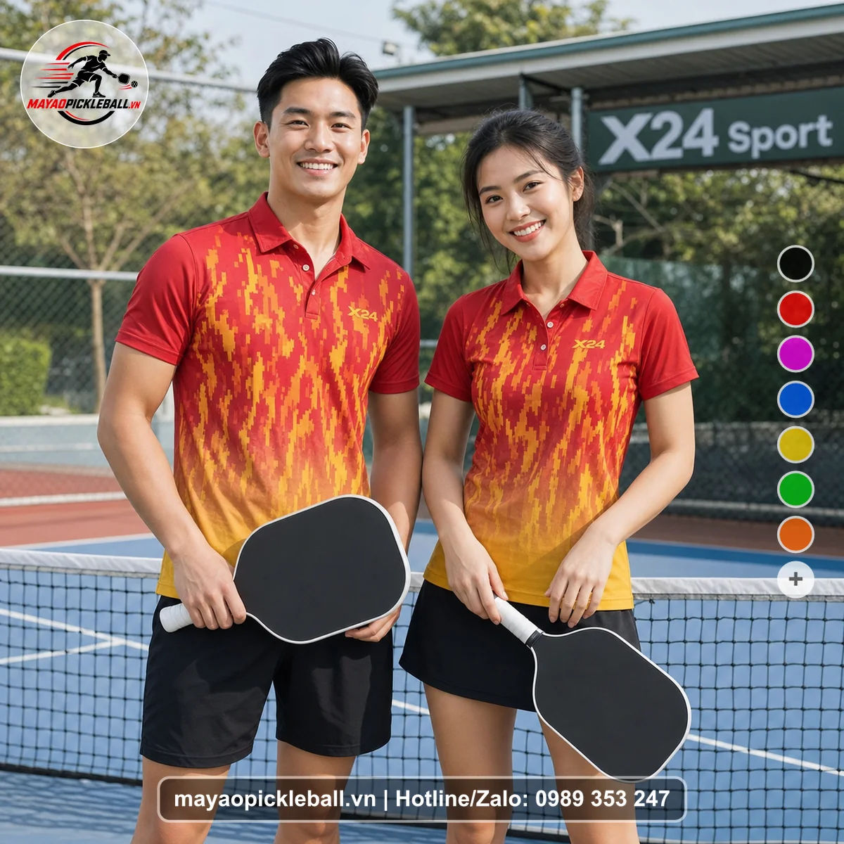 Bộ quần áo pickleball X24-PB-553 đỏ, vàng, cam áo có tay có cổ