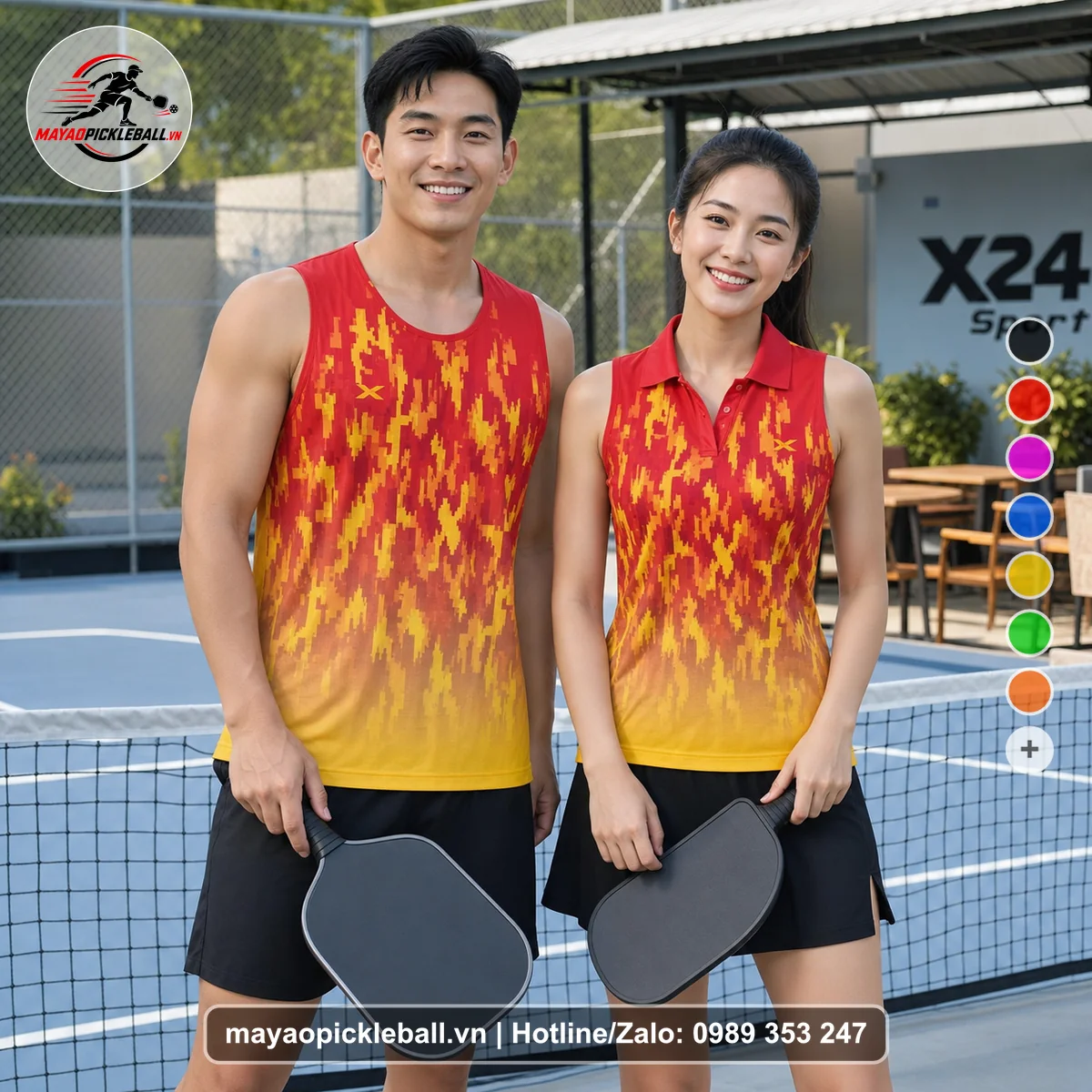Bộ quần áo pickleball X24-PB-553 đỏ, vàng, cam biến thể không ống tay