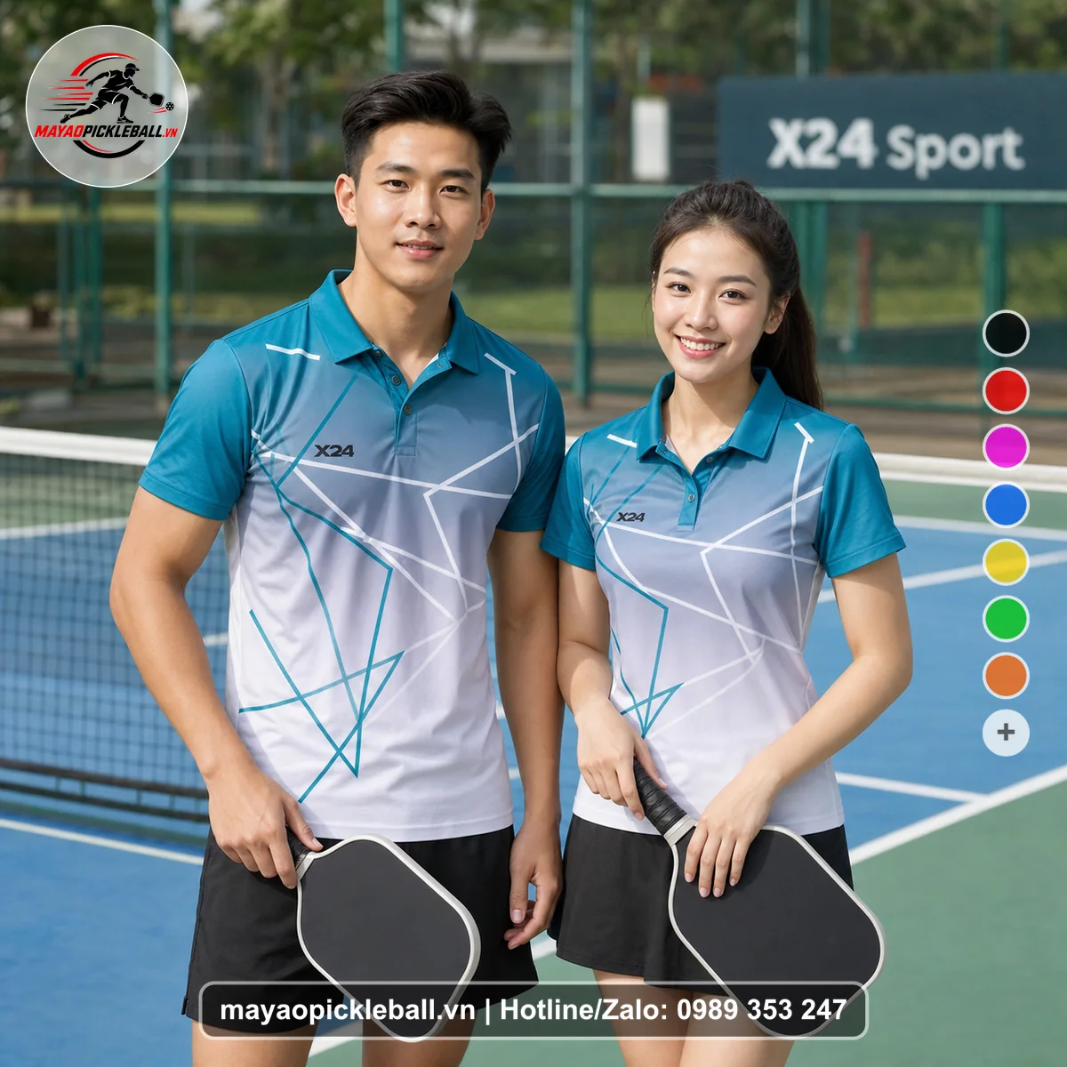 Bộ quần áo pickleball X24-PB-554 xanh ngọc, trắng, xám nhạt áo có tay có cổ