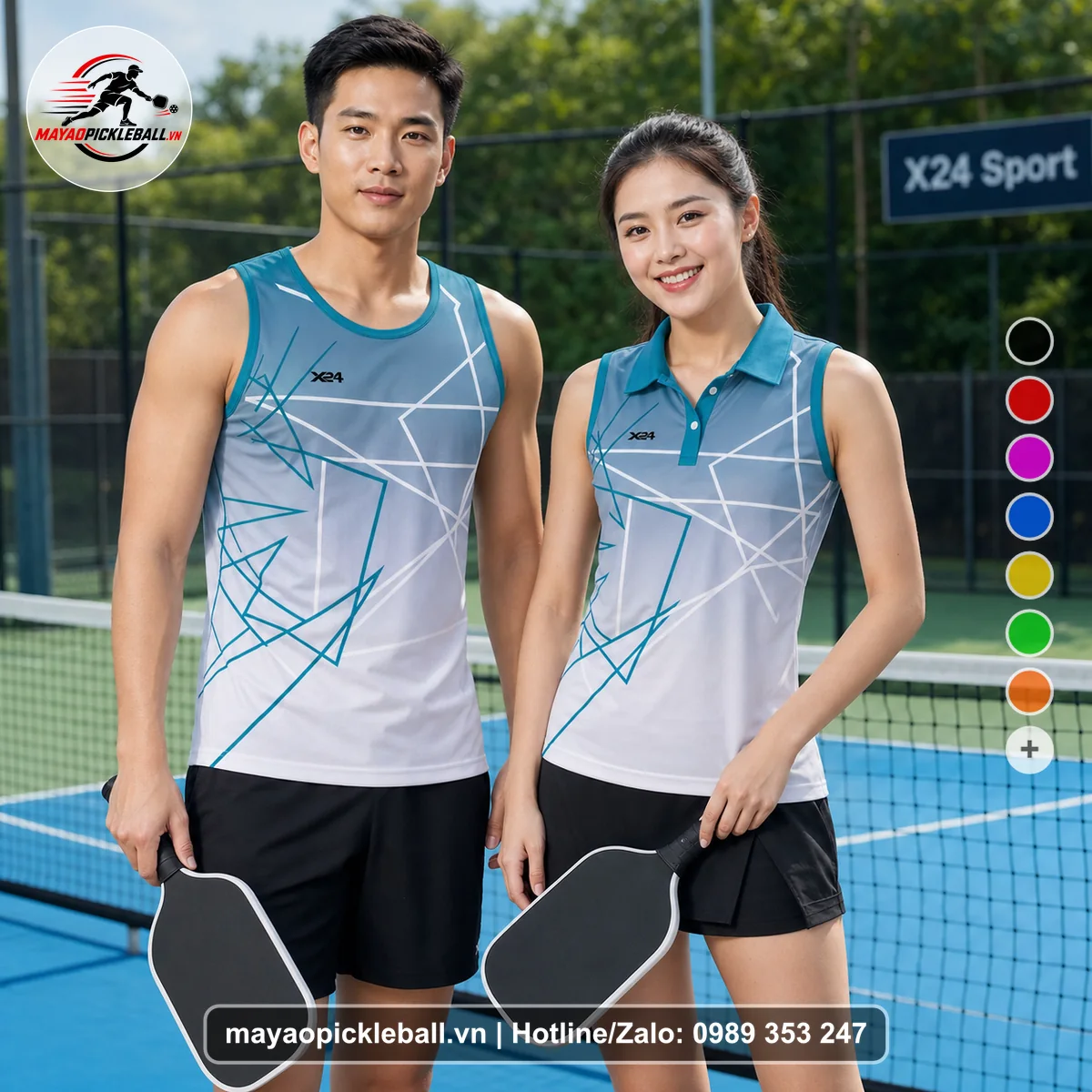 Bộ quần áo pickleball X24-PB-554 xanh ngọc, trắng, xám nhạt biến thể không ống tay