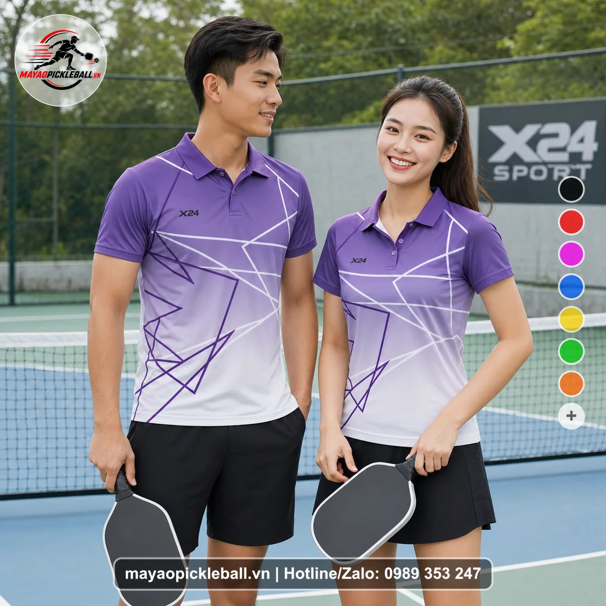 Bộ quần áo pickleball X24-PB-555 tím, trắng, xám nhạt áo có tay có cổ