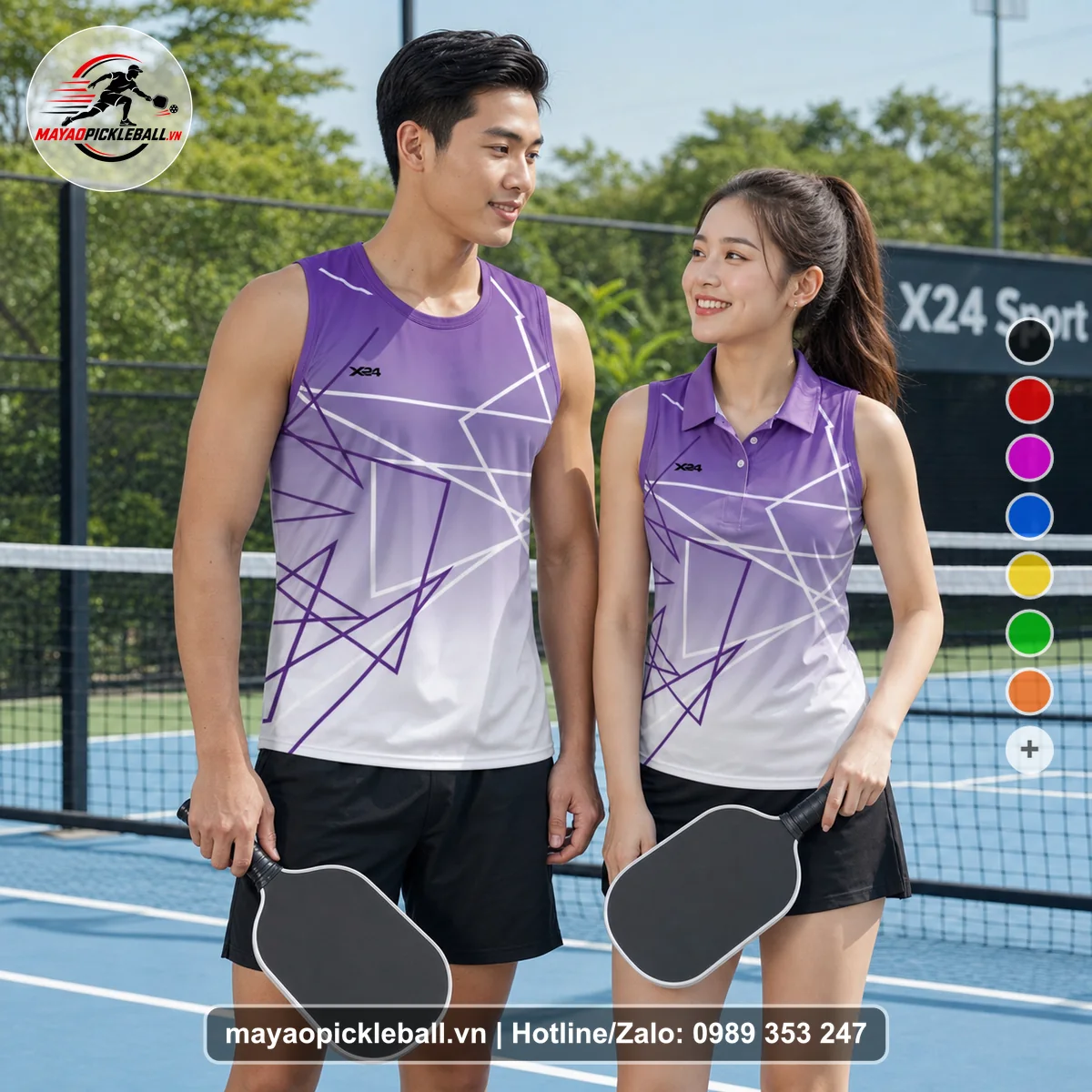Bộ quần áo pickleball X24-PB-555 tím, trắng, xám nhạt biến thể không ống tay