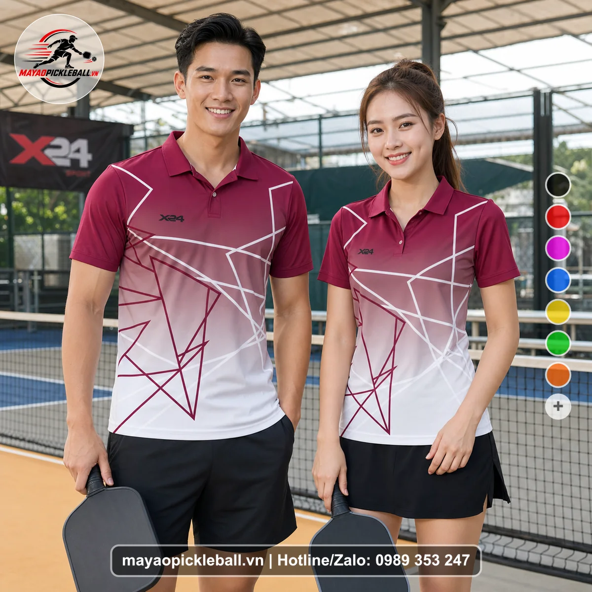Bộ quần áo pickleball X24-PB-556 đỏ đô, trắng, xám áo có tay có cổ