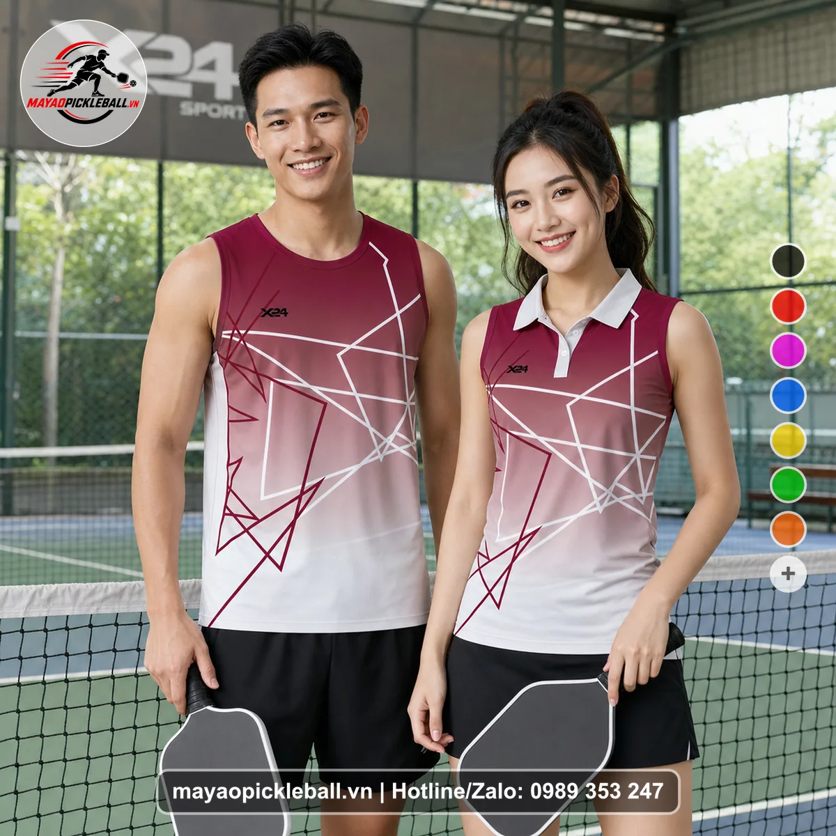 Bộ quần áo pickleball X24-PB-556 đỏ đô, trắng, xám biến thể không ống tay