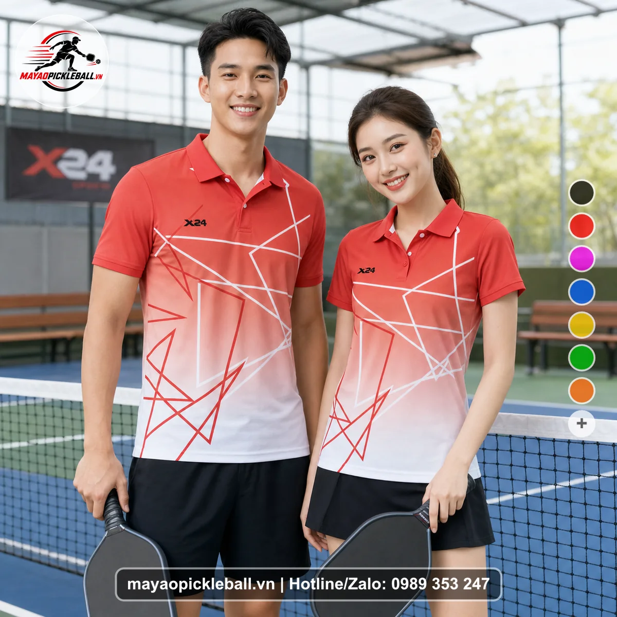 Bộ quần áo pickleball X24-PB-557 đỏ, trắng, xám áo có tay có cổ
