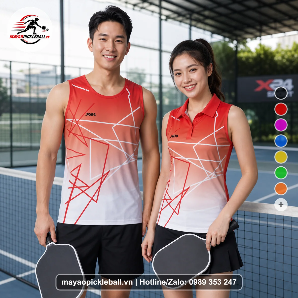 Bộ quần áo pickleball X24-PB-557 đỏ, trắng, xám biến thể không ống tay
