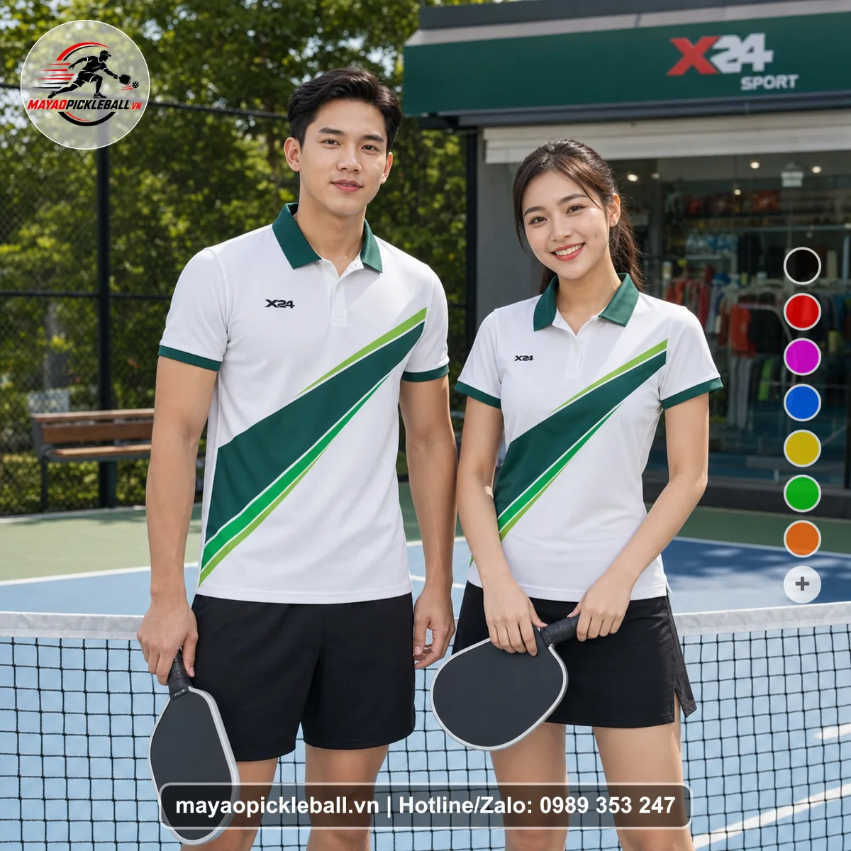 Bộ quần áo pickleball X24-PB-558 trắng, xanh ve chai, xanh lá áo có tay có cổ
