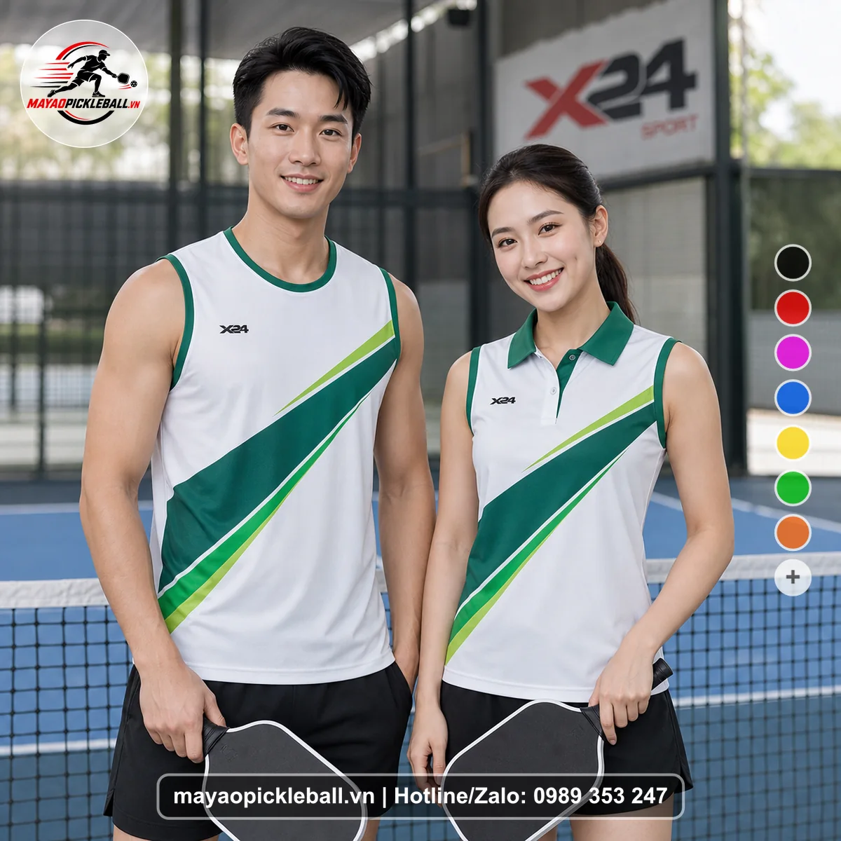 Bộ quần áo pickleball X24-PB-558 trắng, xanh ve chai, xanh lá biến thể không ống tay