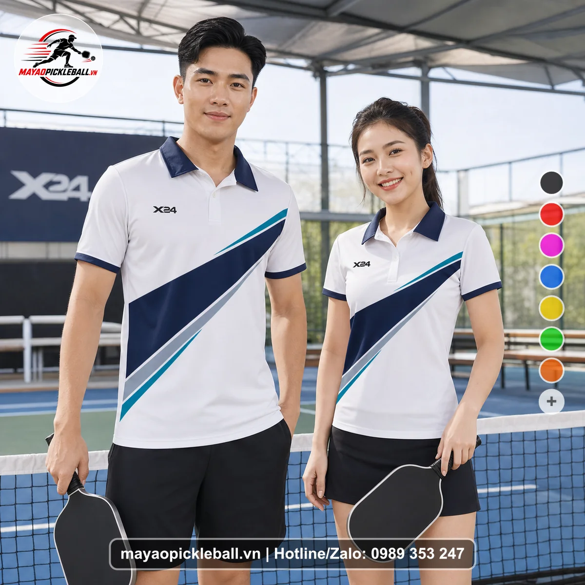 Bộ quần áo pickleball X24-PB-559 trắng, tím than, xanh áo có tay có cổ