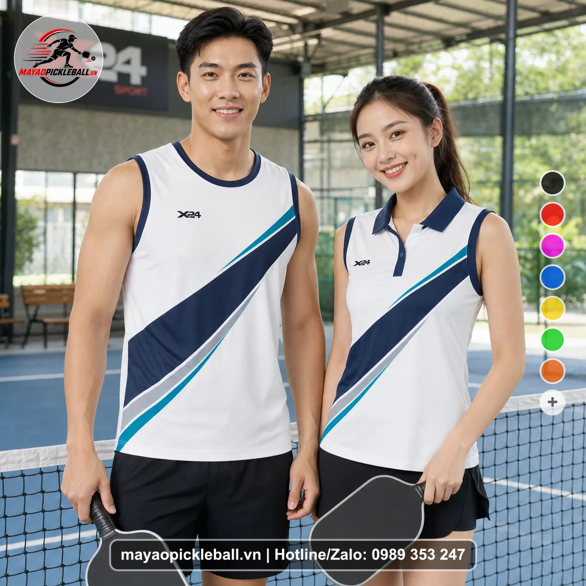 Bộ quần áo pickleball X24-PB-559 trắng, tím than, xanh biến thể không ống tay
