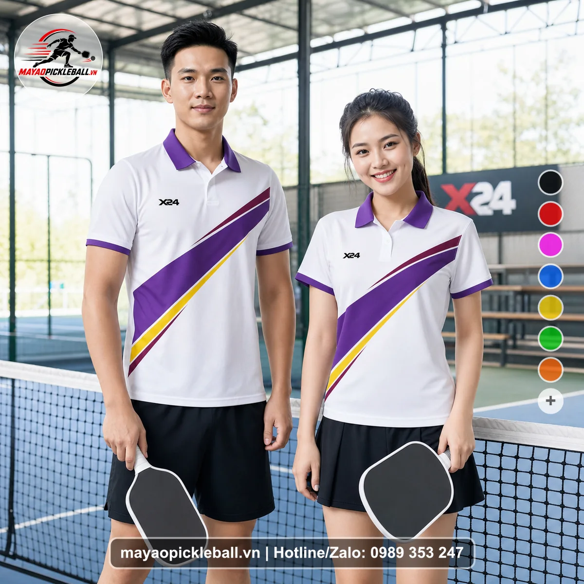 Bộ quần áo pickleball X24-PB-560 trắng, tím, vàng áo có tay có cổ
