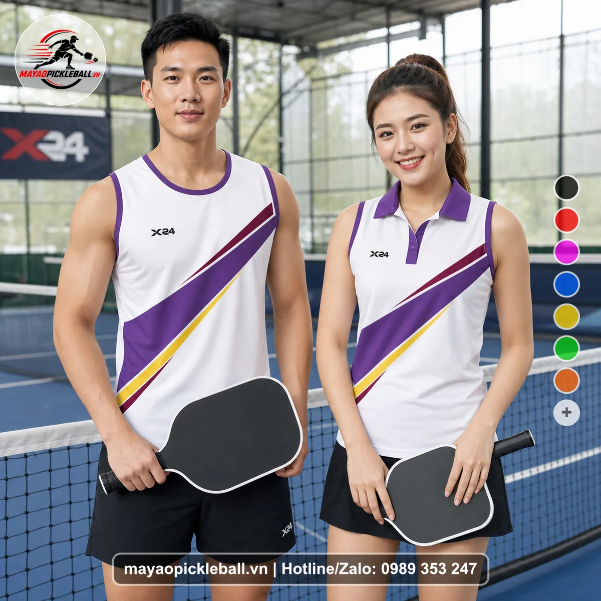 Bộ quần áo pickleball X24-PB-560 trắng, tím, vàng biến thể không ống tay
