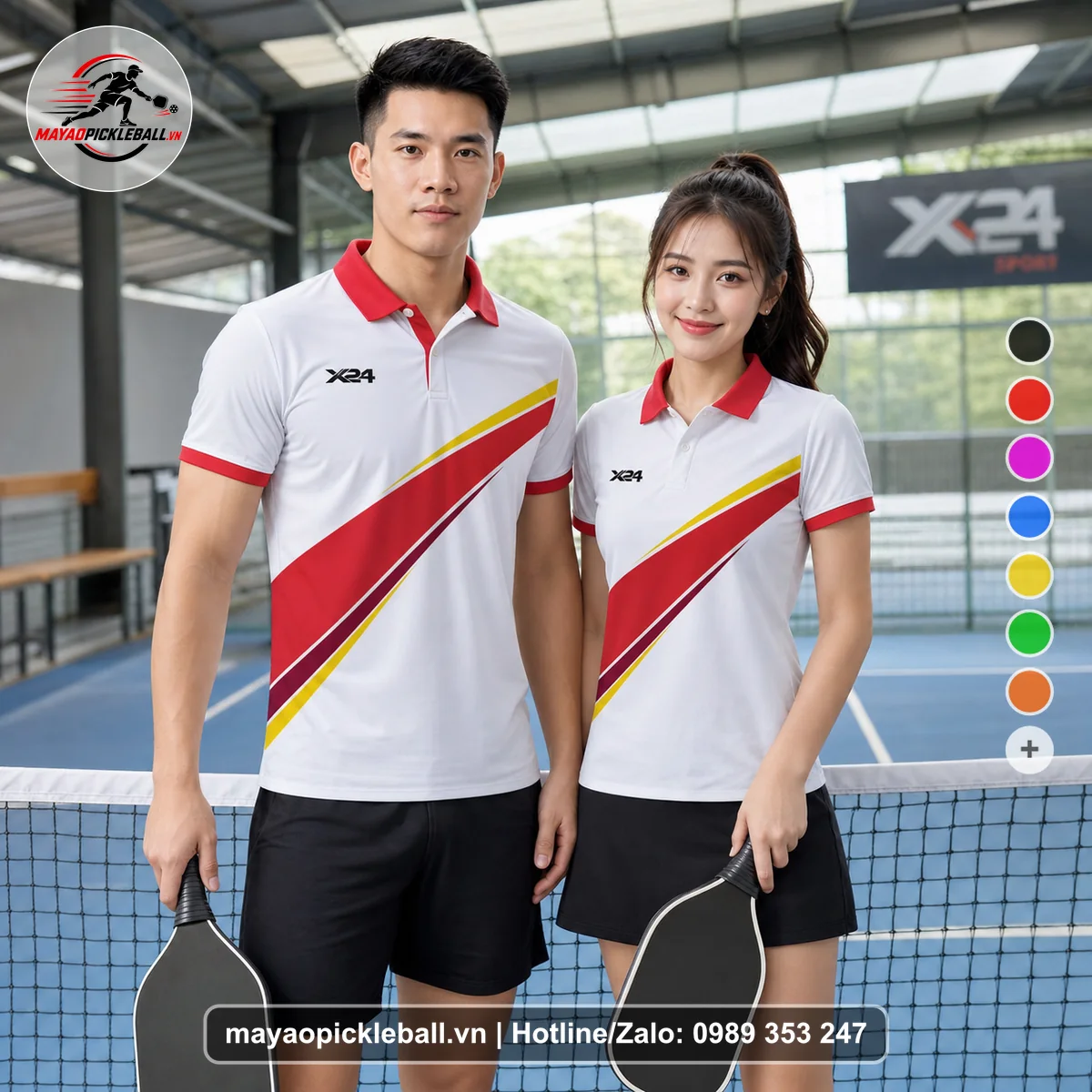 Bộ quần áo pickleball X24-PB-561 trắng, đỏ, vàng áo có tay có cổ