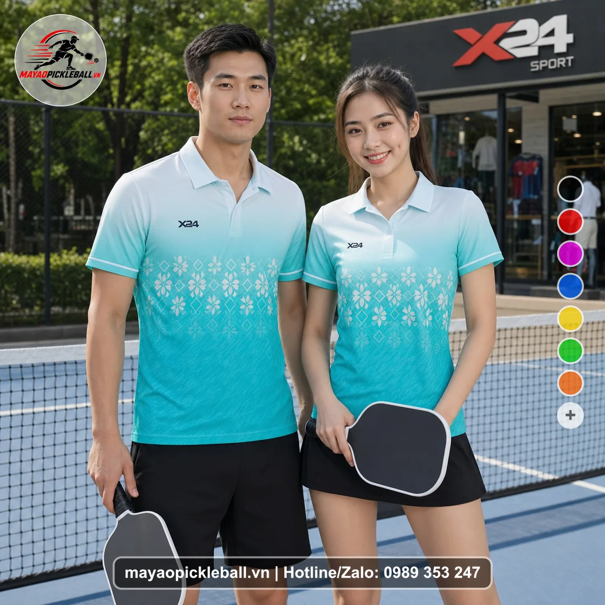 Bộ quần áo pickleball X24-PB-562 xanh ngọc, trắng áo có tay có cổ