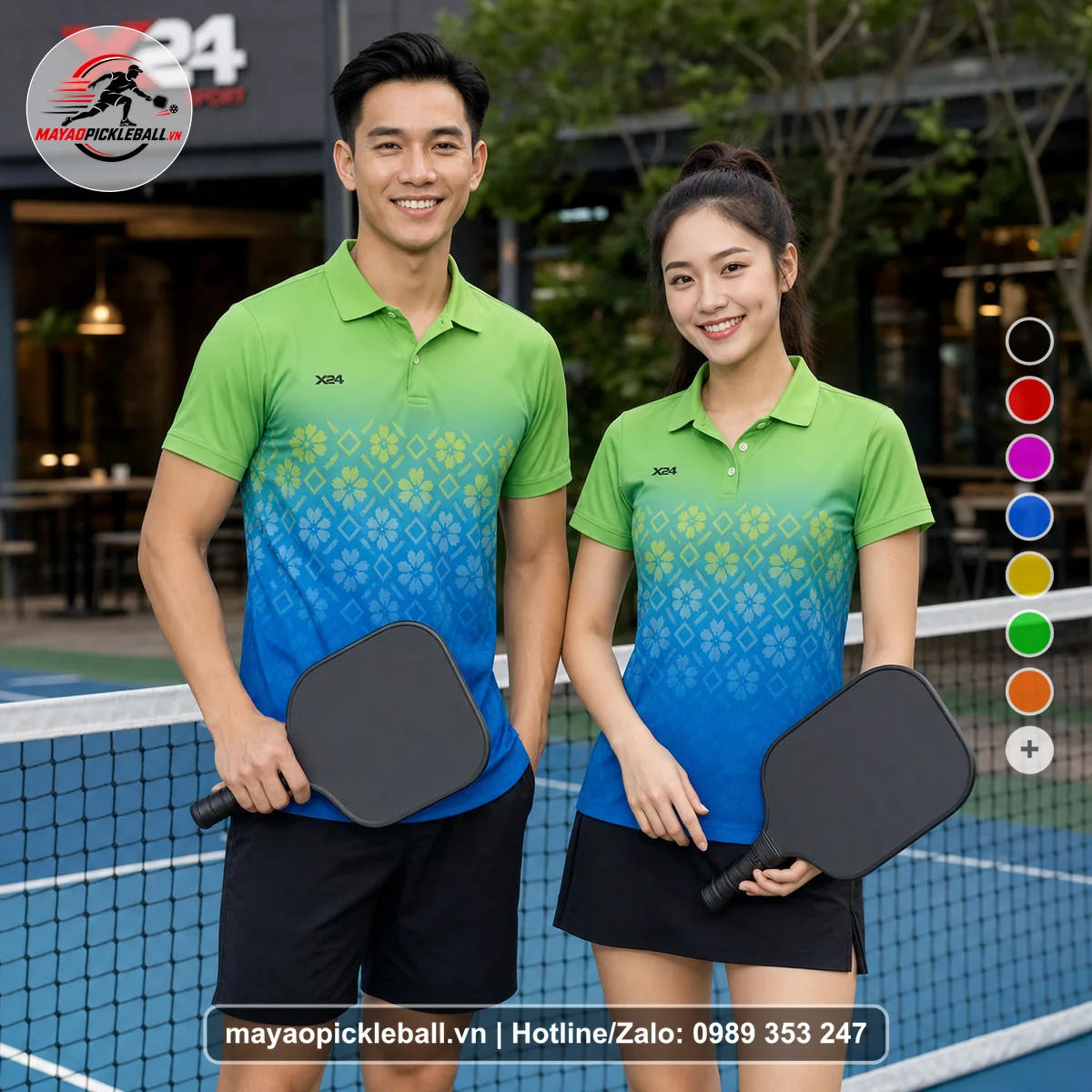 Bộ quần áo pickleball X24-PB-563 xanh lá, xanh áo có tay có cổ